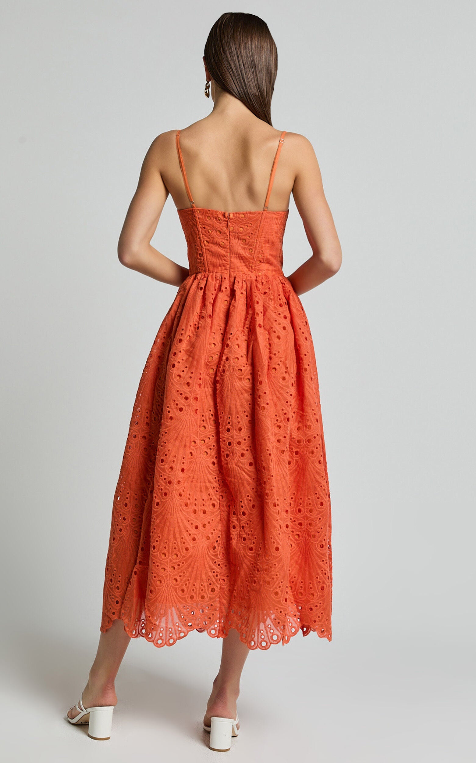 Gabriella Midi Dress - Strappy Gathered Skirt Embroidered Dress in Orange