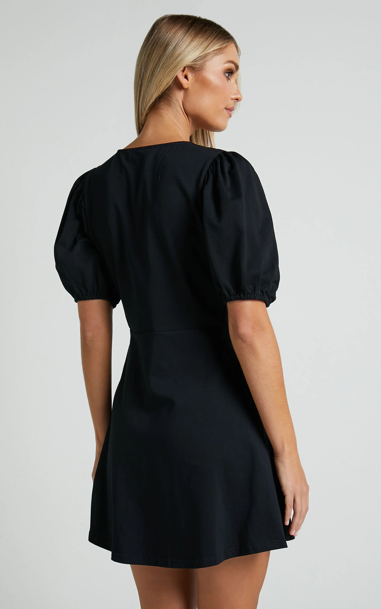 Rochelle Mini Dress - V Neck Button Through Dress in Black
