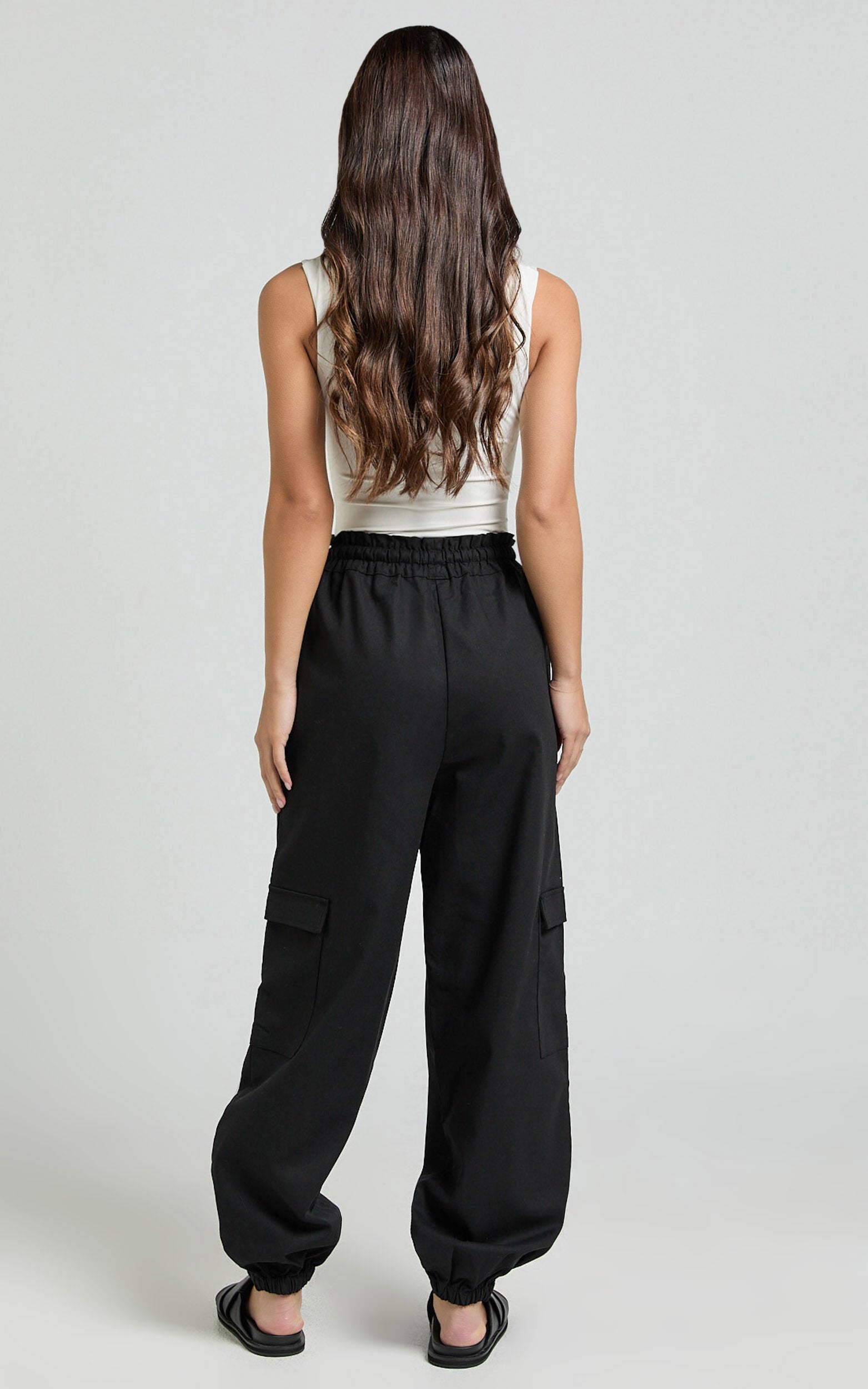 Simpson Pants - Linen Tie Waist Pocket Detail Cargo Pants in Black