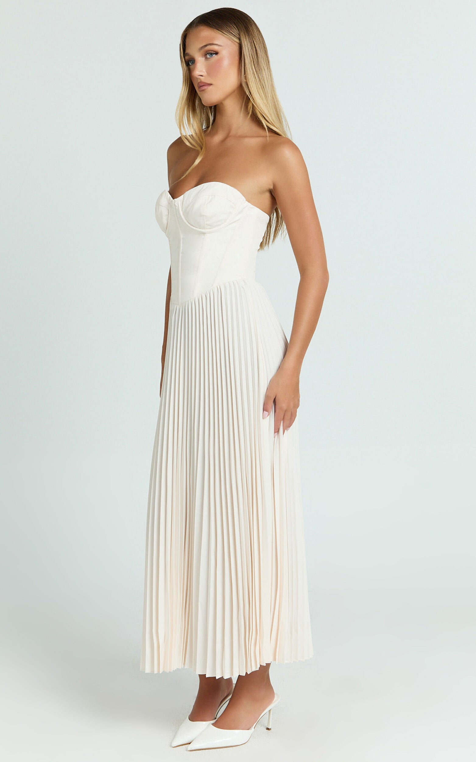 Loretta Midi Dress - Lace Up Back Bustier Pleated Dress in Cream