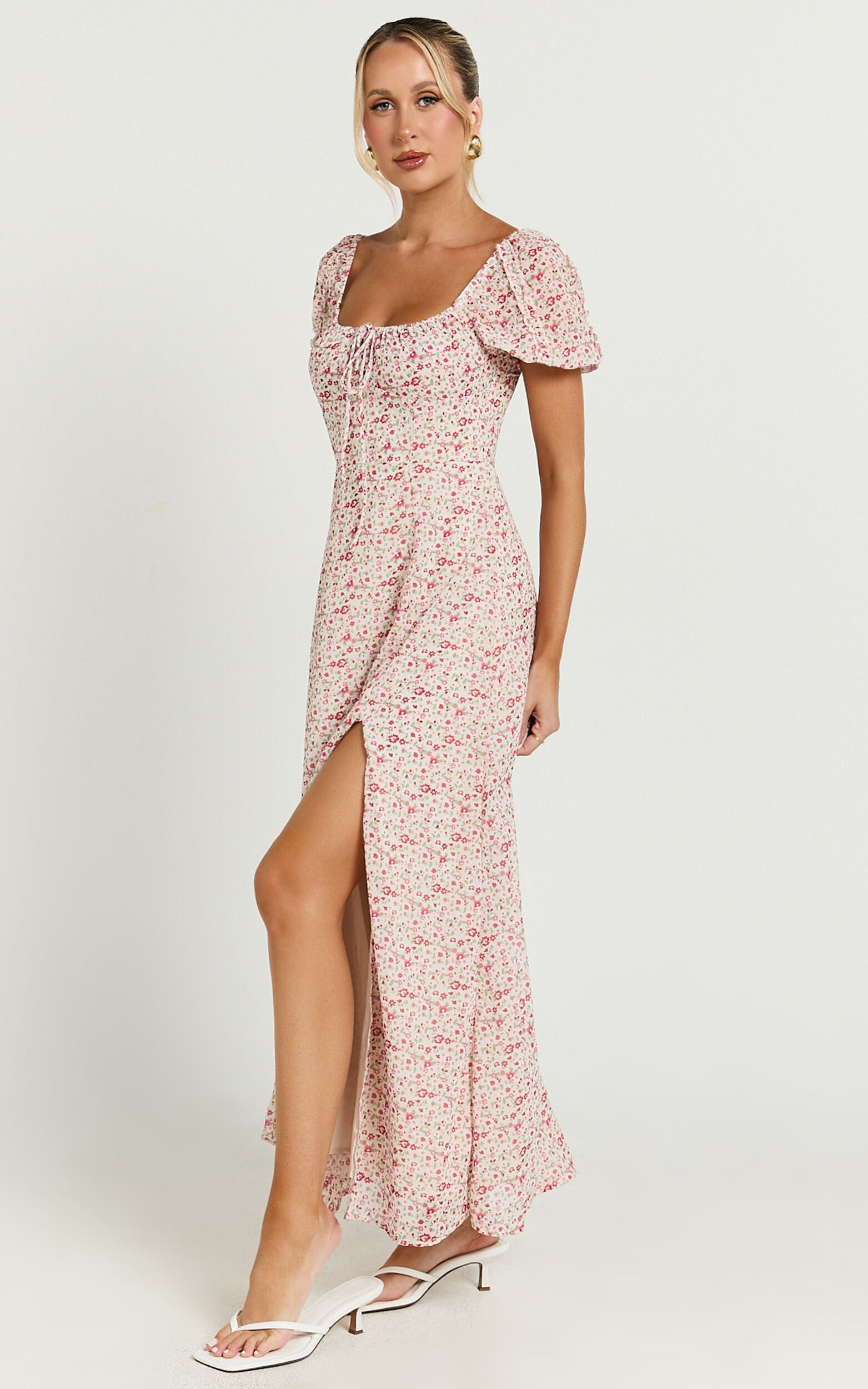 Rhylene Midi Dress - Puff Sleeve Tie Front Detail Midi Dress in Rosy Floral