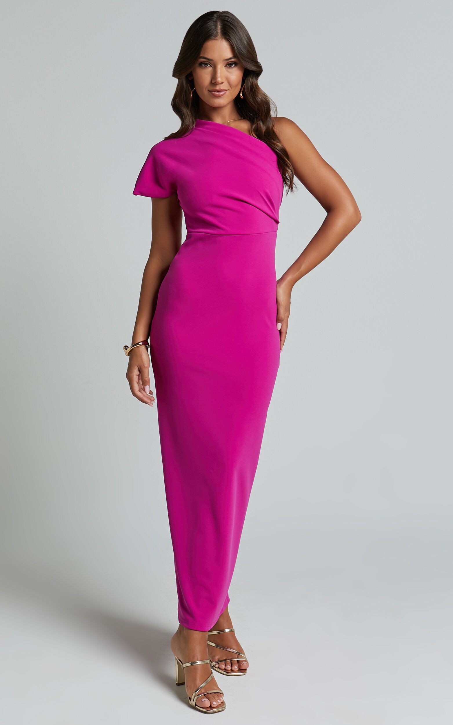 Gizelly Midi Dress - One Shoulder Ruched Dress in Grape