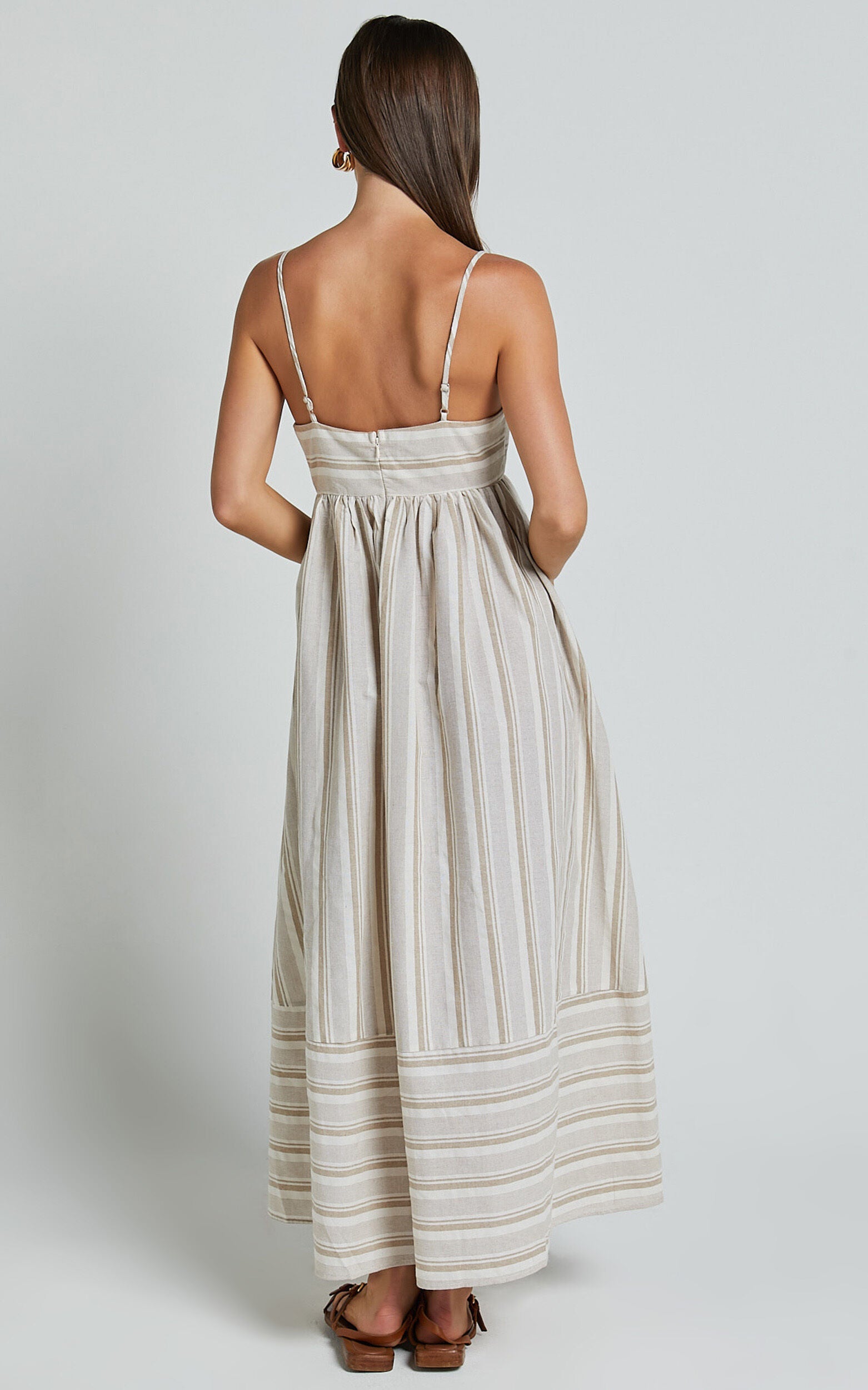 Katheryn Midi Dress - Strappy Straight Neck A Line Gathered Dress in Beige and Natural Stripe
