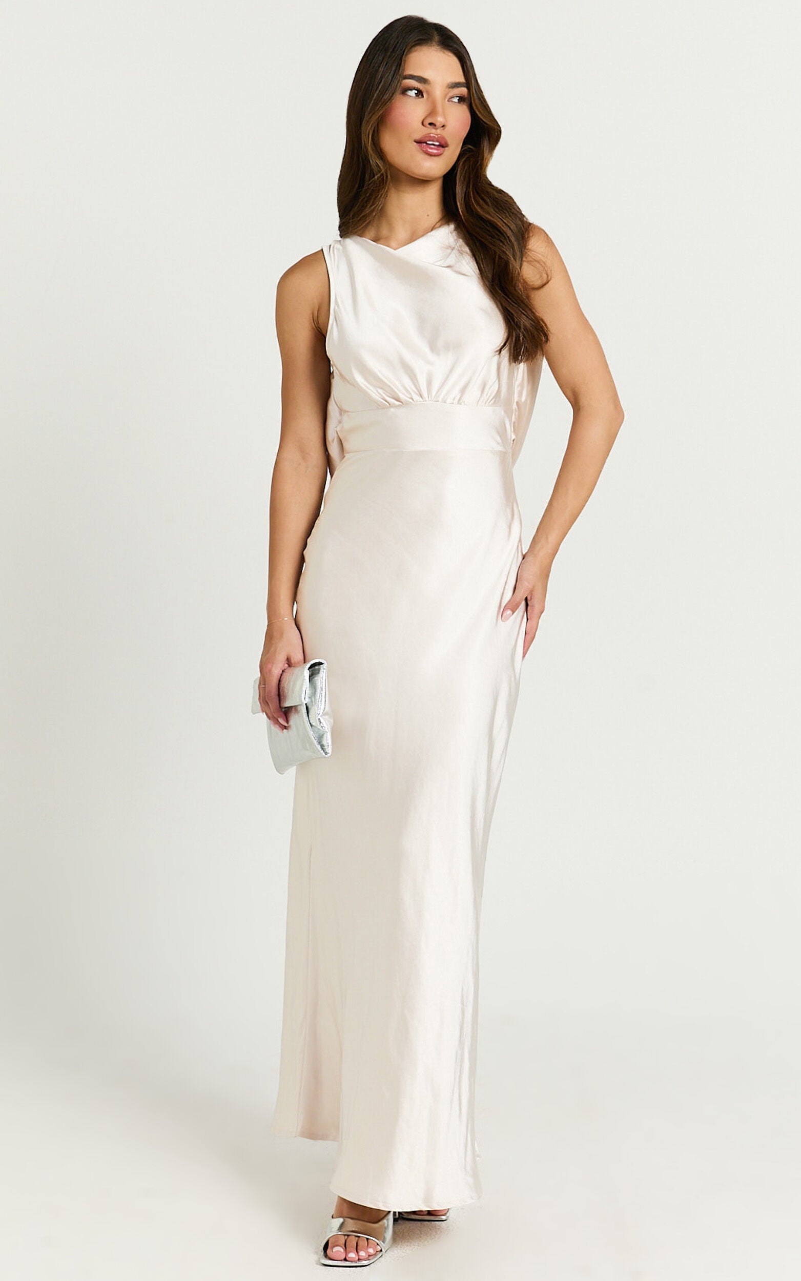 Fheliz Midi Dress - Satin Open Back Dress in Oyster