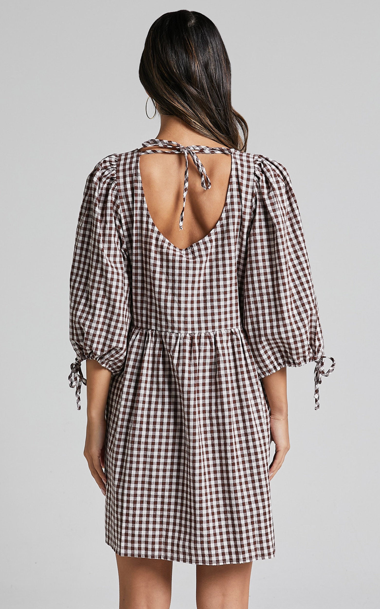 Rosita Mini Dress - Tie Front Puff Sleeve Dress in Brown and White Check