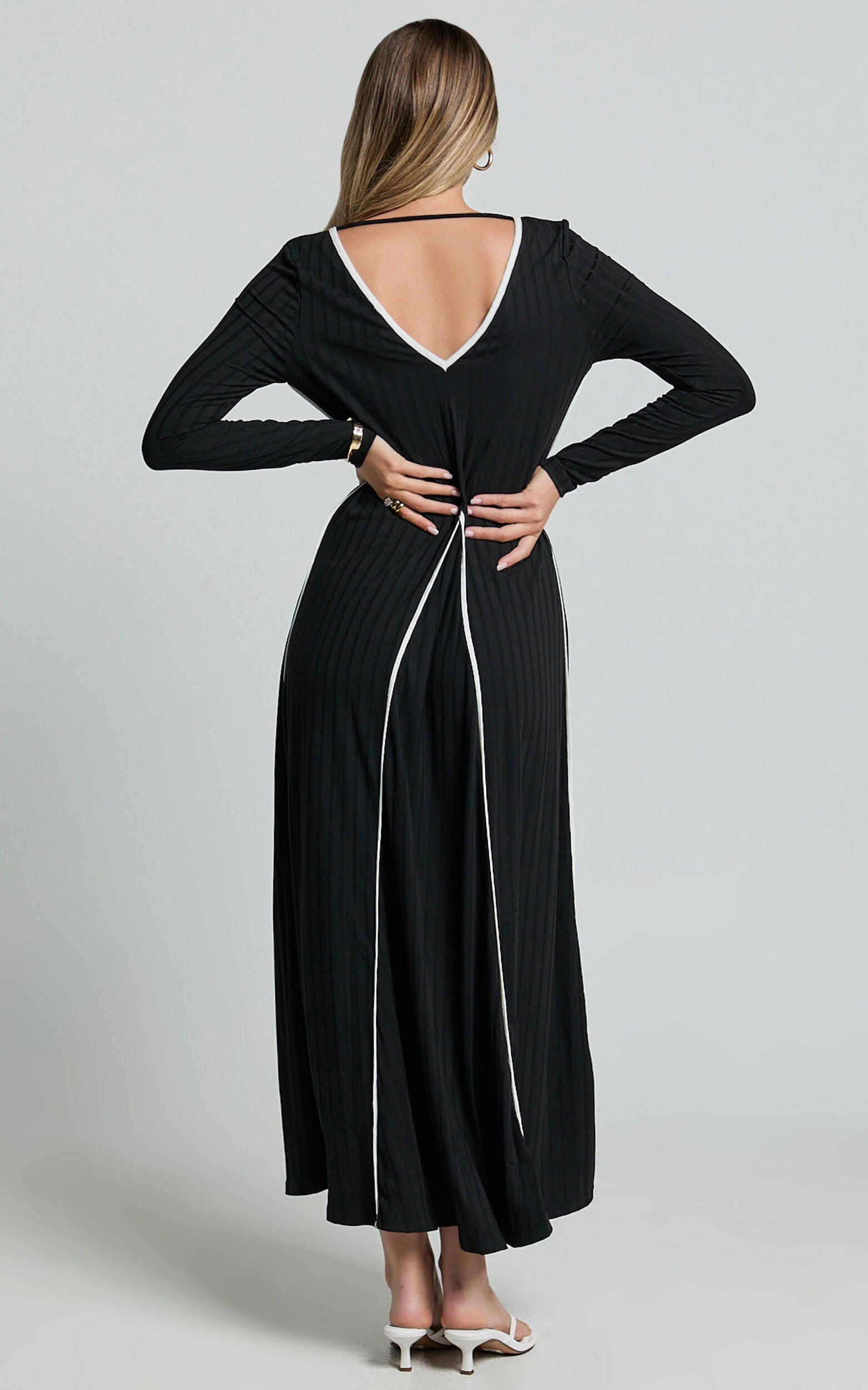 Margie Midi Dress - Long Sleeve Contrast Bind Ribbed Dress in Black