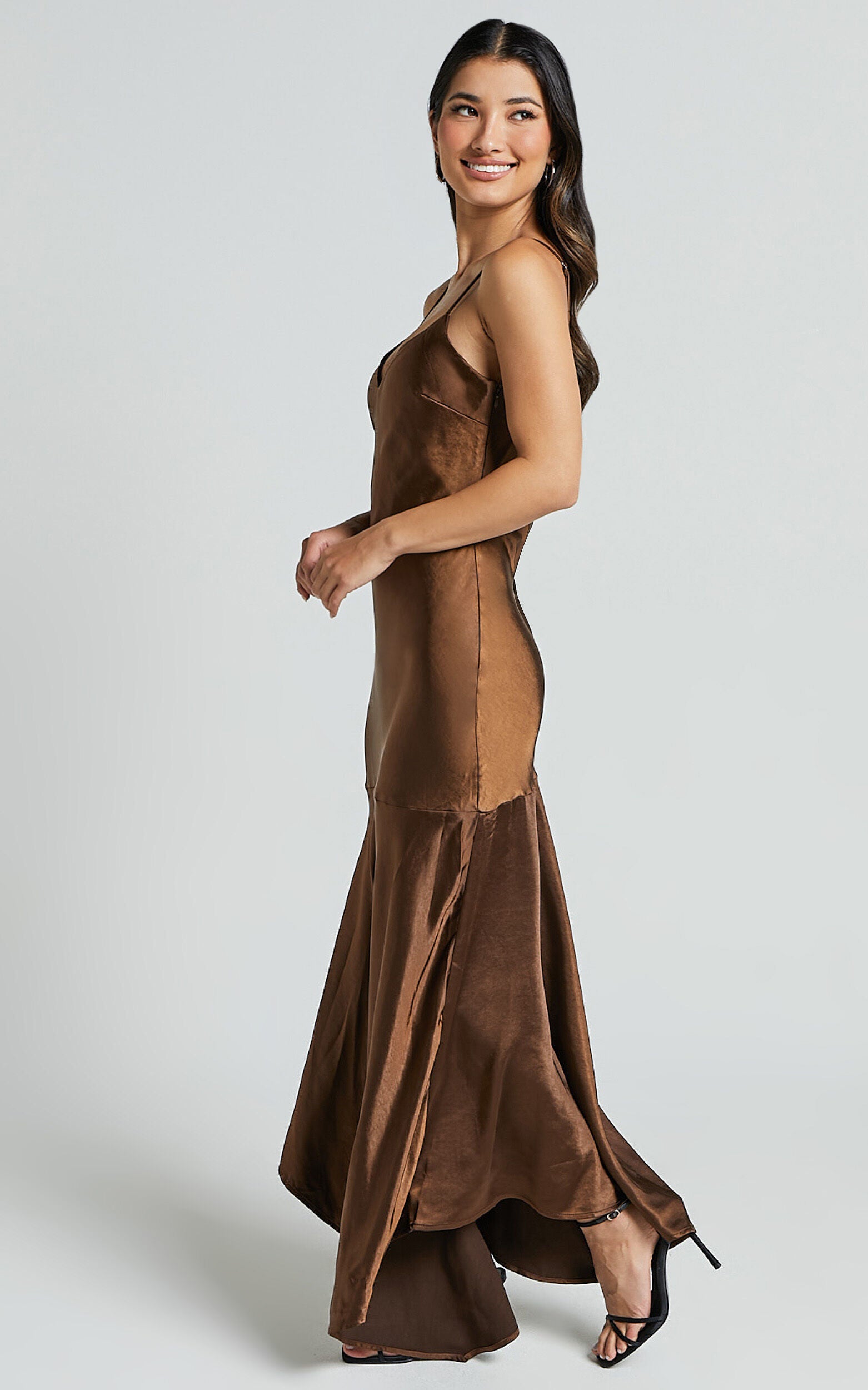 Etienne Midi Dress - Asymmetric Hem Satin Slip Dress in Chocolate