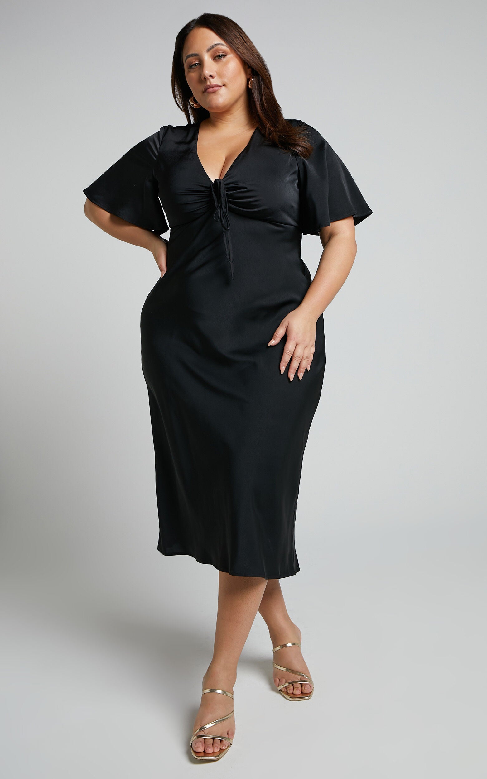 Nicholla Midi Dress - Ruched Front Angel Sleeve Slip Dress in Black