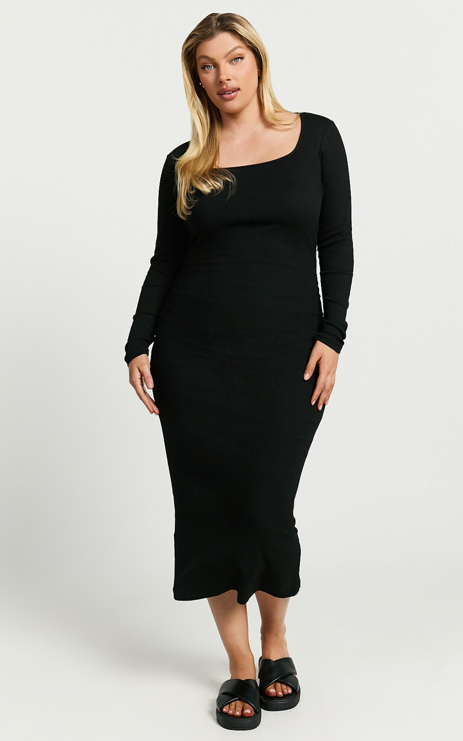 Lucy Midi Dress - Ribbed Side Ruched Bodycon Dress in Black