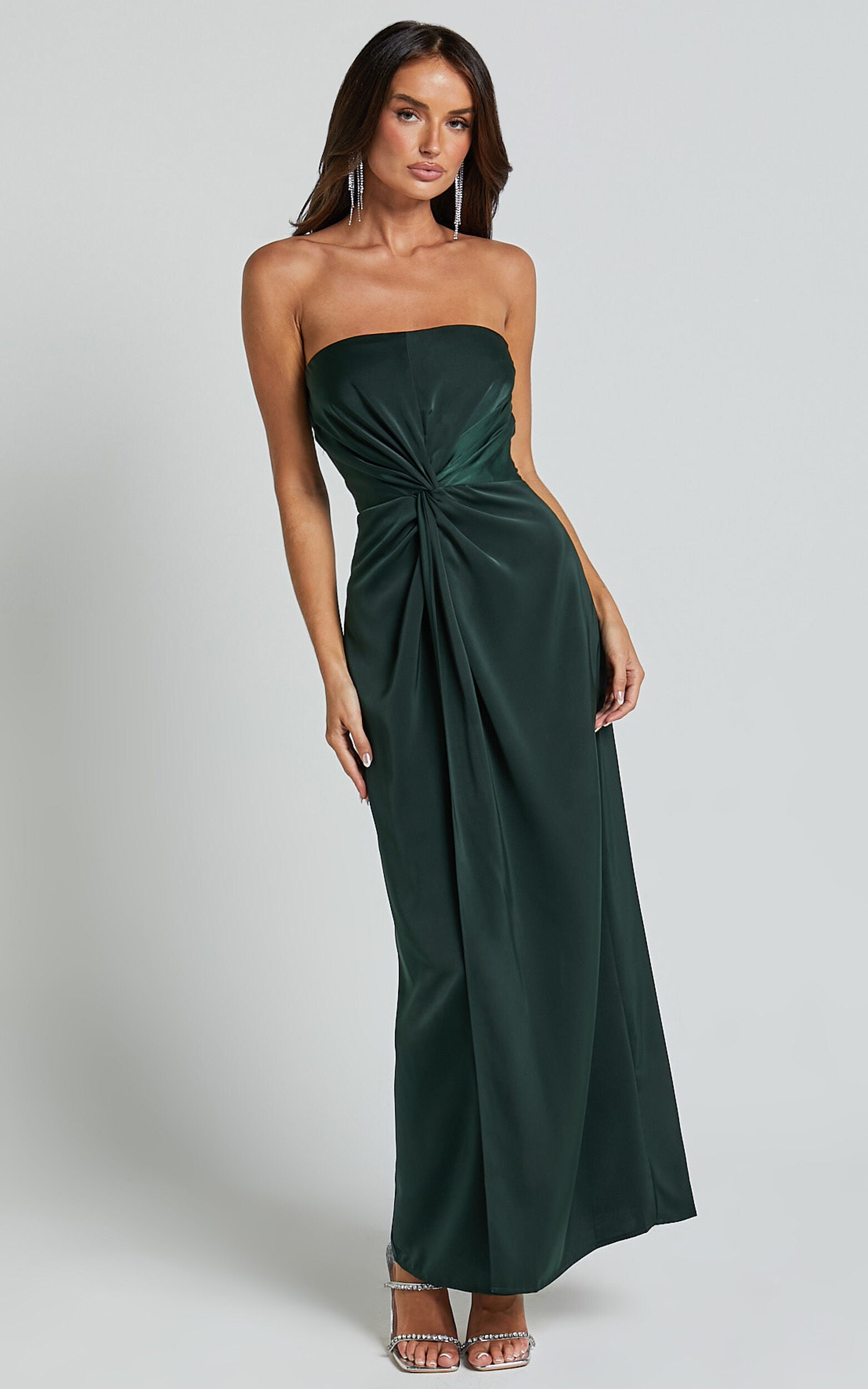 Hathaway Maxi Dress - Strapless Straight Neck Twist Front Split in Emerald