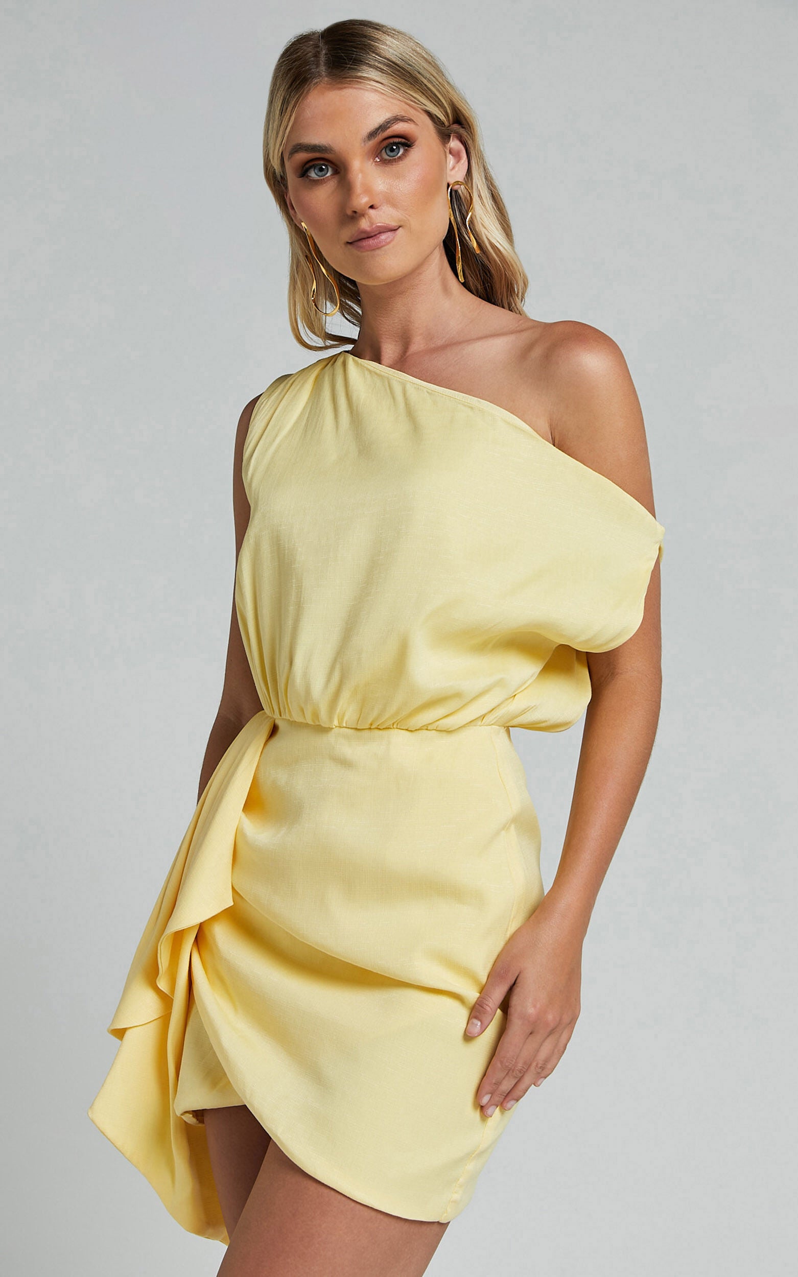 Niana Mini Dress - Drape One Shoulder Dress in Lemon