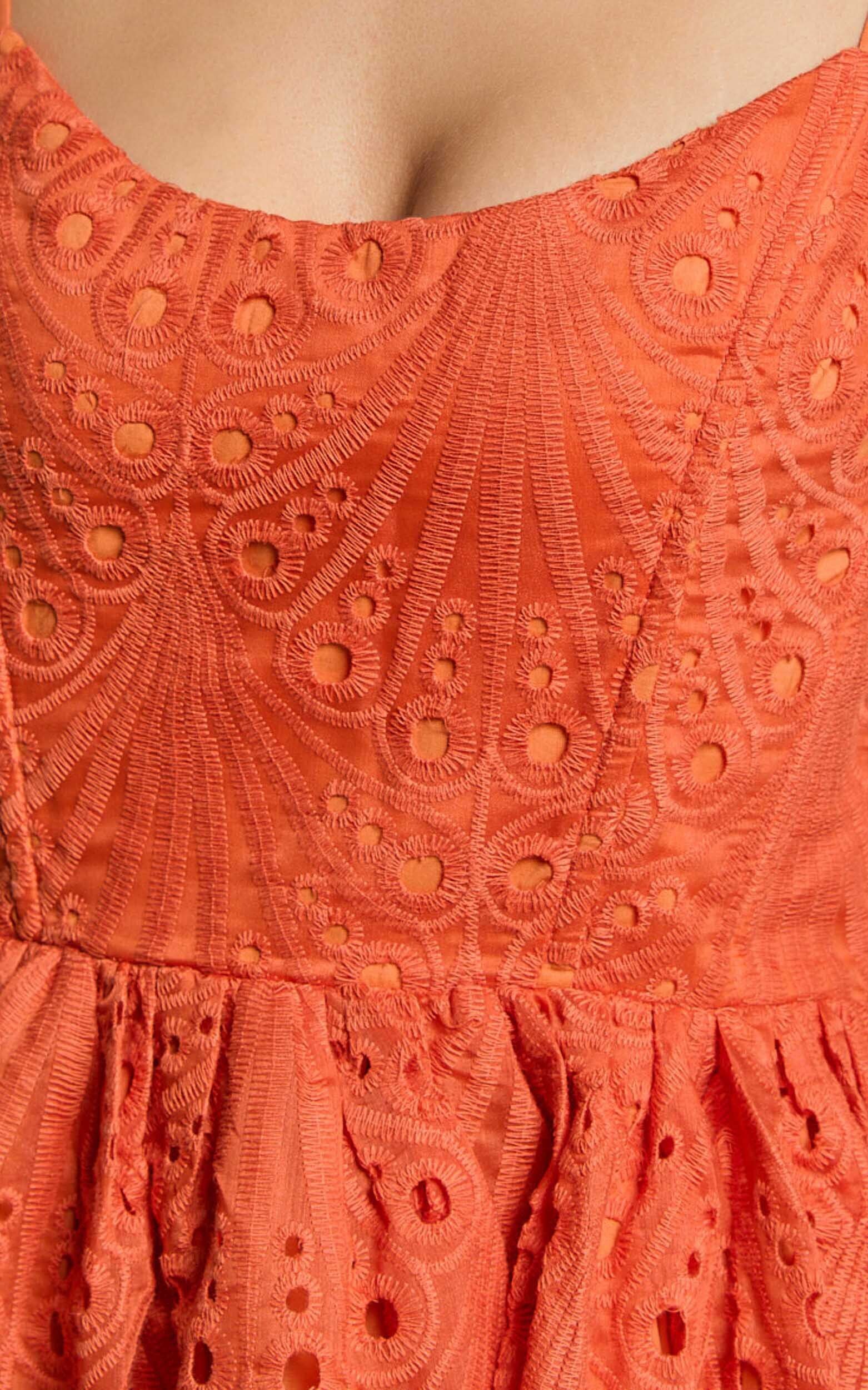 Gabriella Midi Dress - Strappy Gathered Skirt Embroidered Dress in Orange