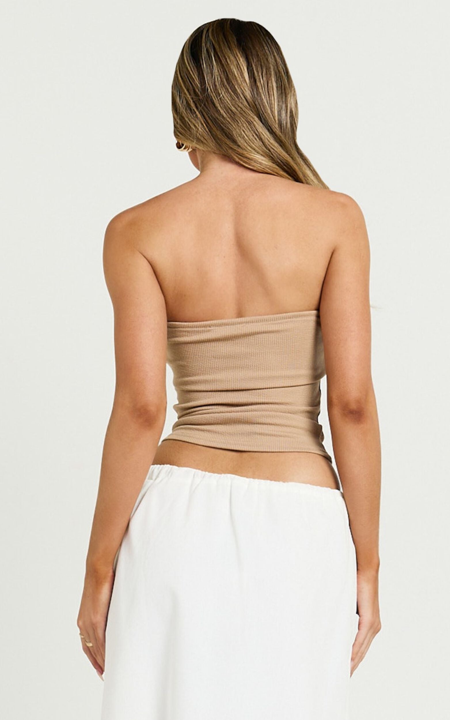 Jelena Top - Jersey Strapless Twist Front Top in Tan