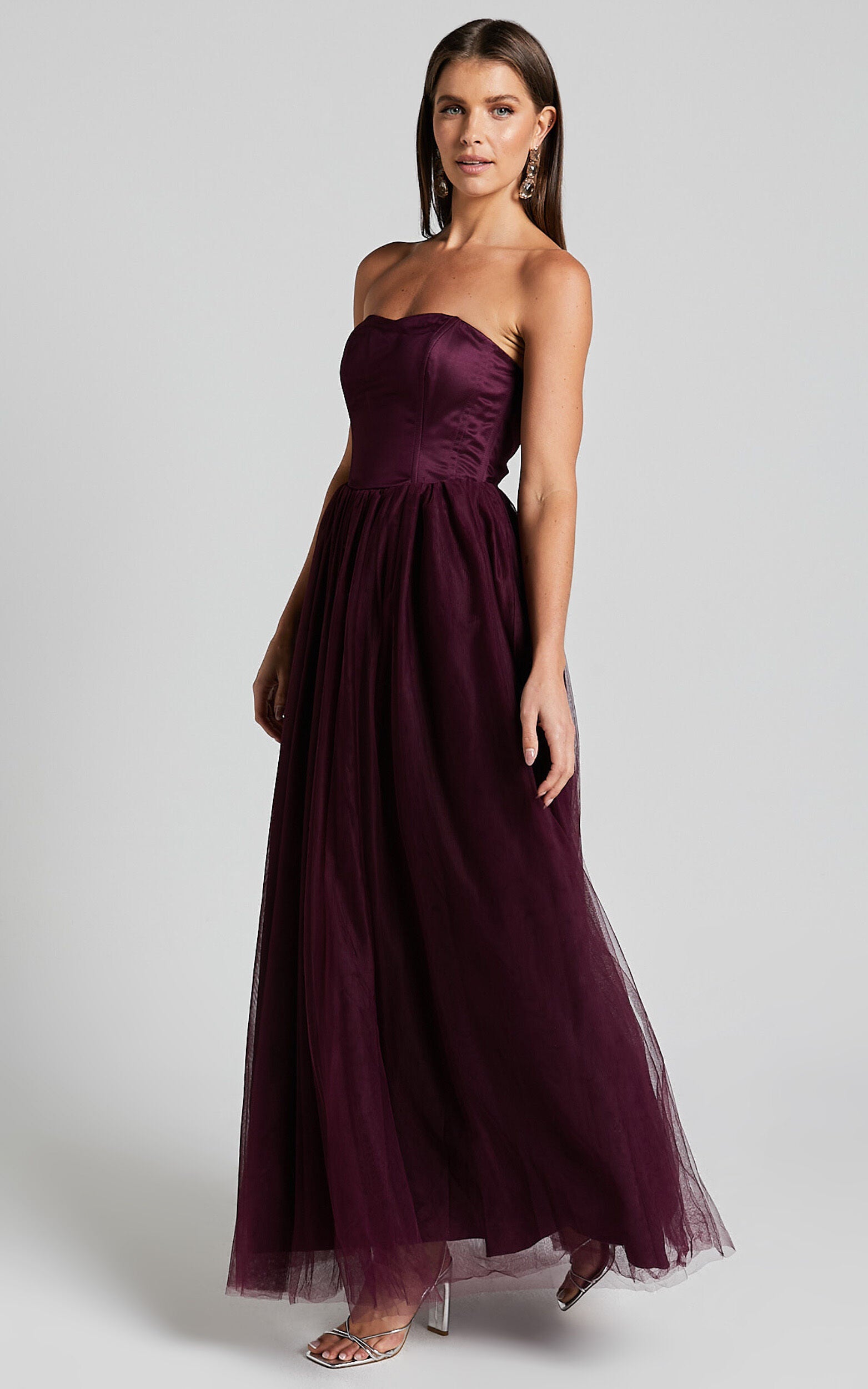Gemma Maxi Dress - Strapless Sweetheart Tulle Fit & Flare in Aubergine