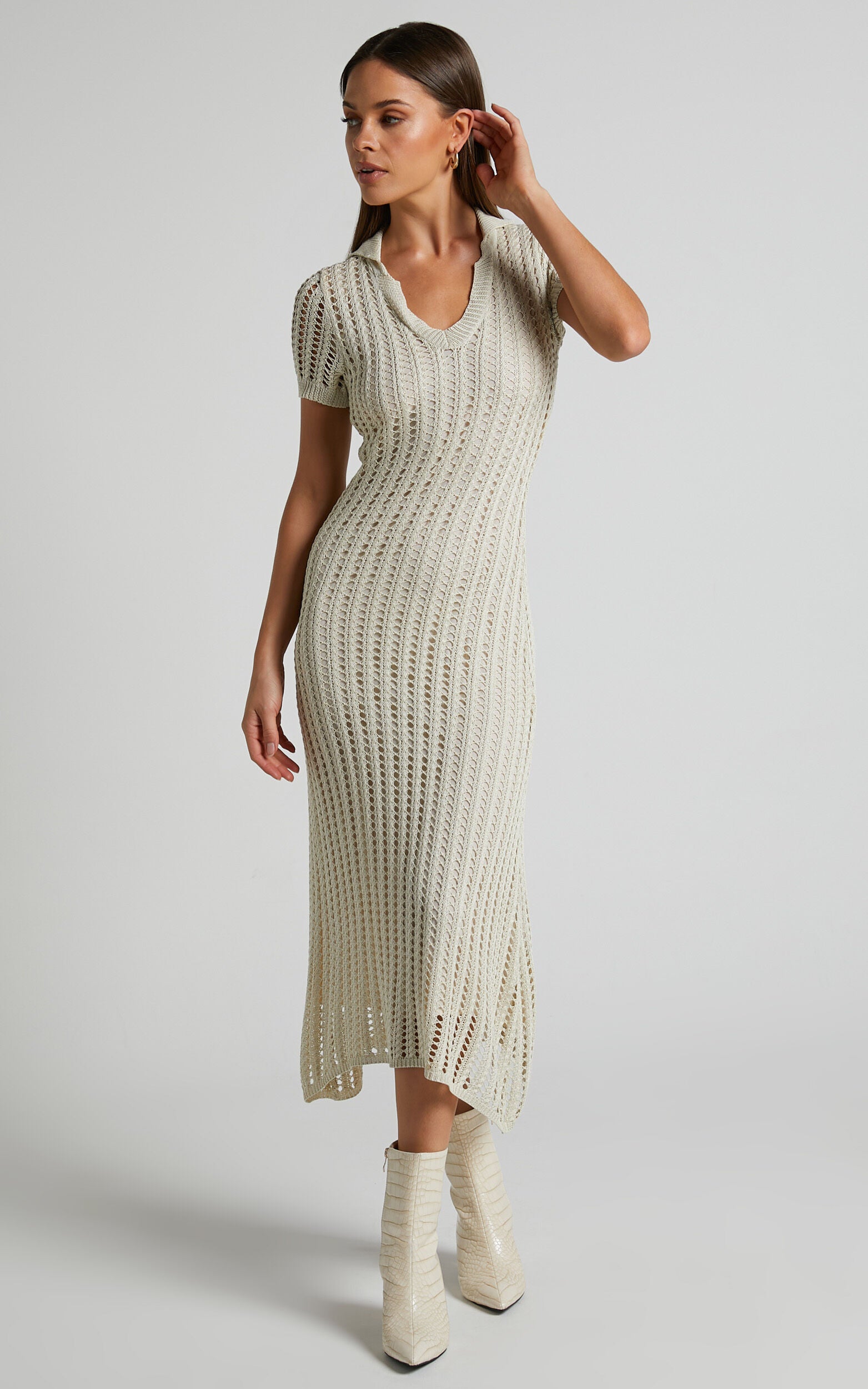 Jolie Midi Dress - Crochet Collared Short Sleeve Dress in Cream