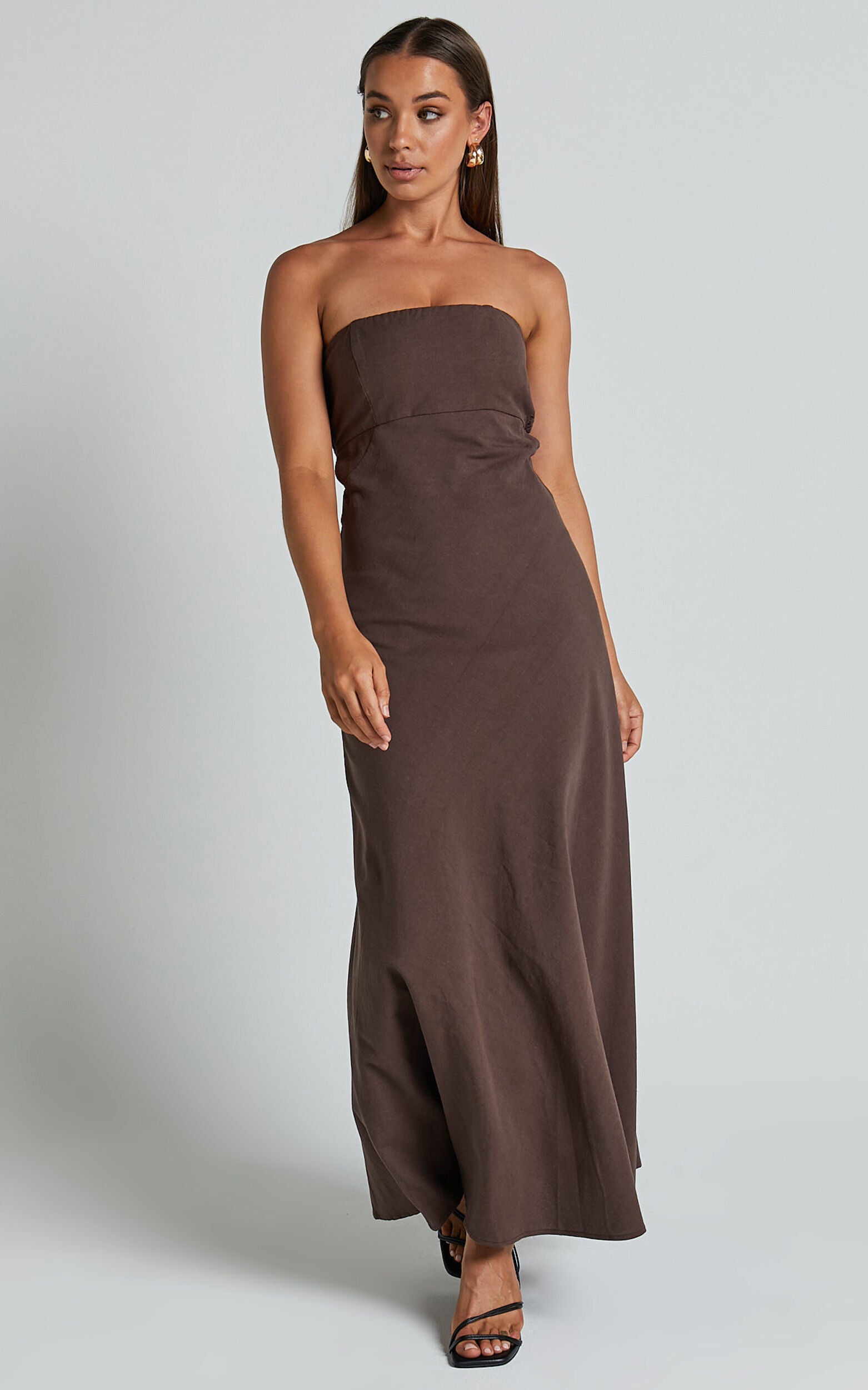 Elerie Maxi Linen Dress - Strapless Linen Dress in Chocolate
