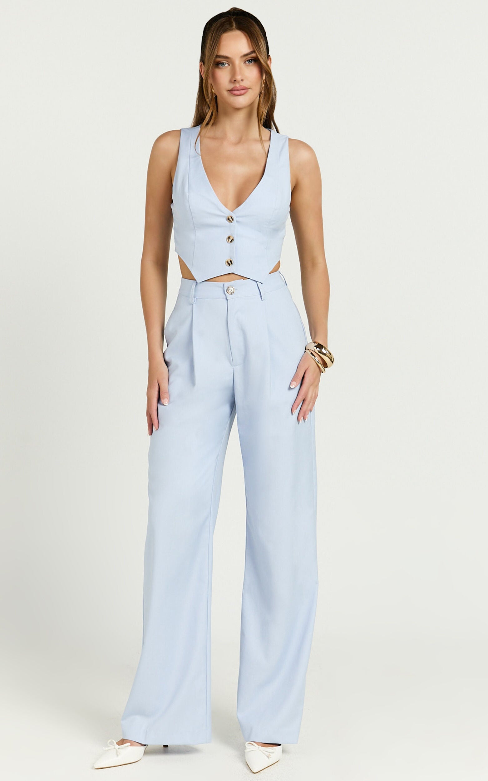 Izara Trousers - Mid Rise Relaxed Straight Leg Tailored Trousers in Light Blue