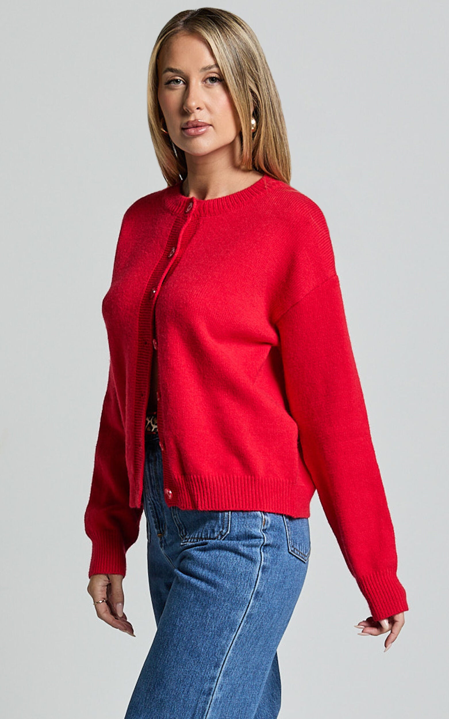 Lucille Cardigan - Button Through Scoop Neck Knit Cardigan in Red
