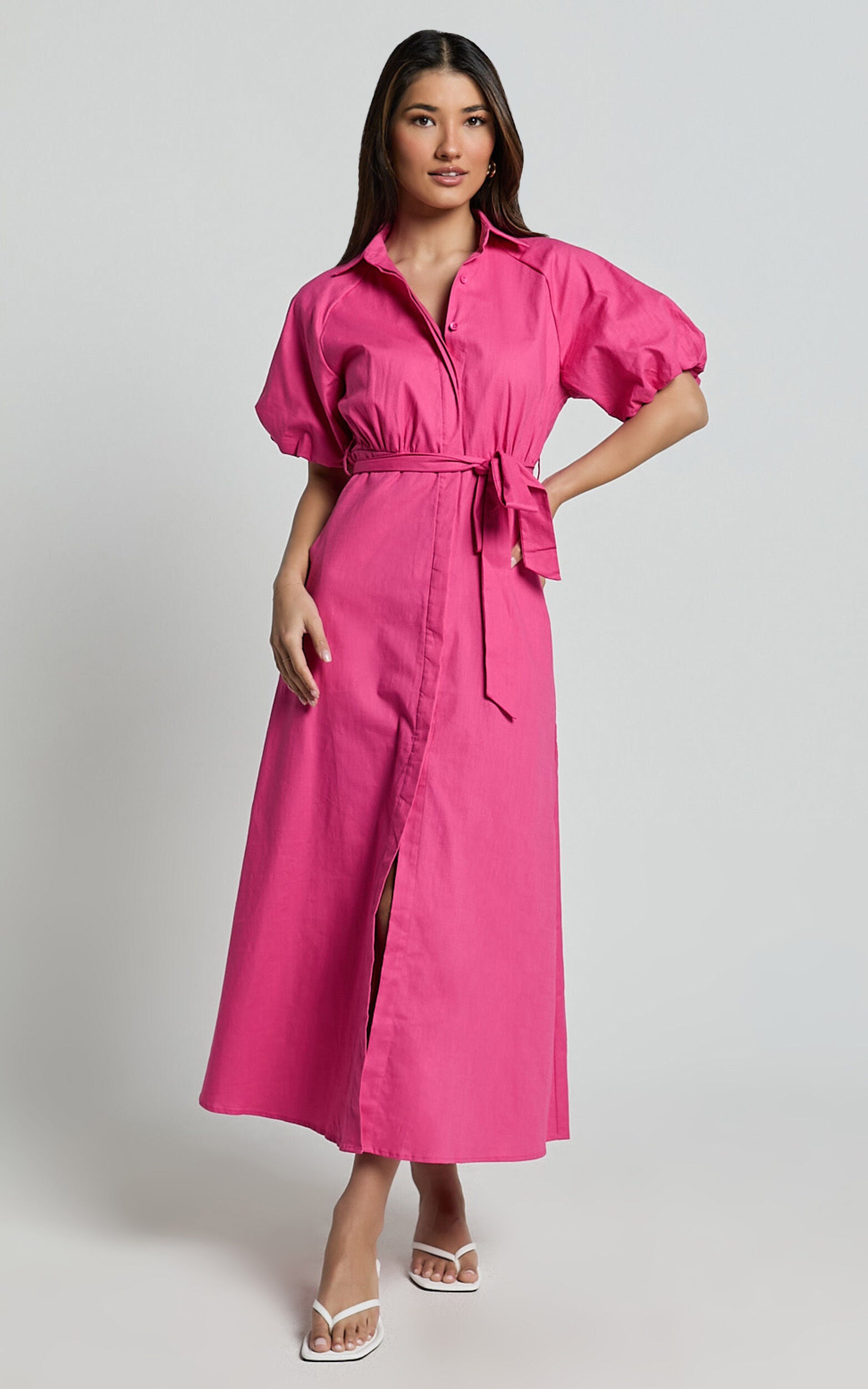 Jesse Midi Dress - Puff Sleeve Collared Shirt Dress in Hot Pink