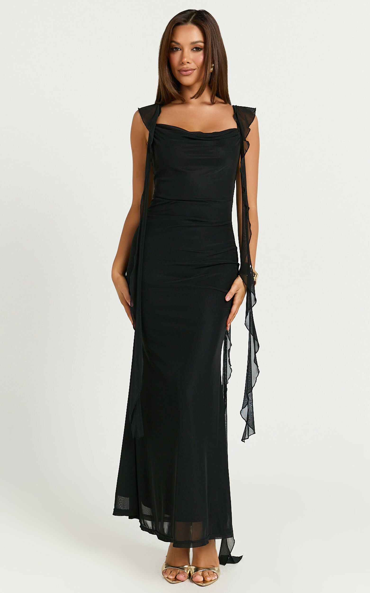Rosha Maxi Dress - Ruffle Strap Dress in Black