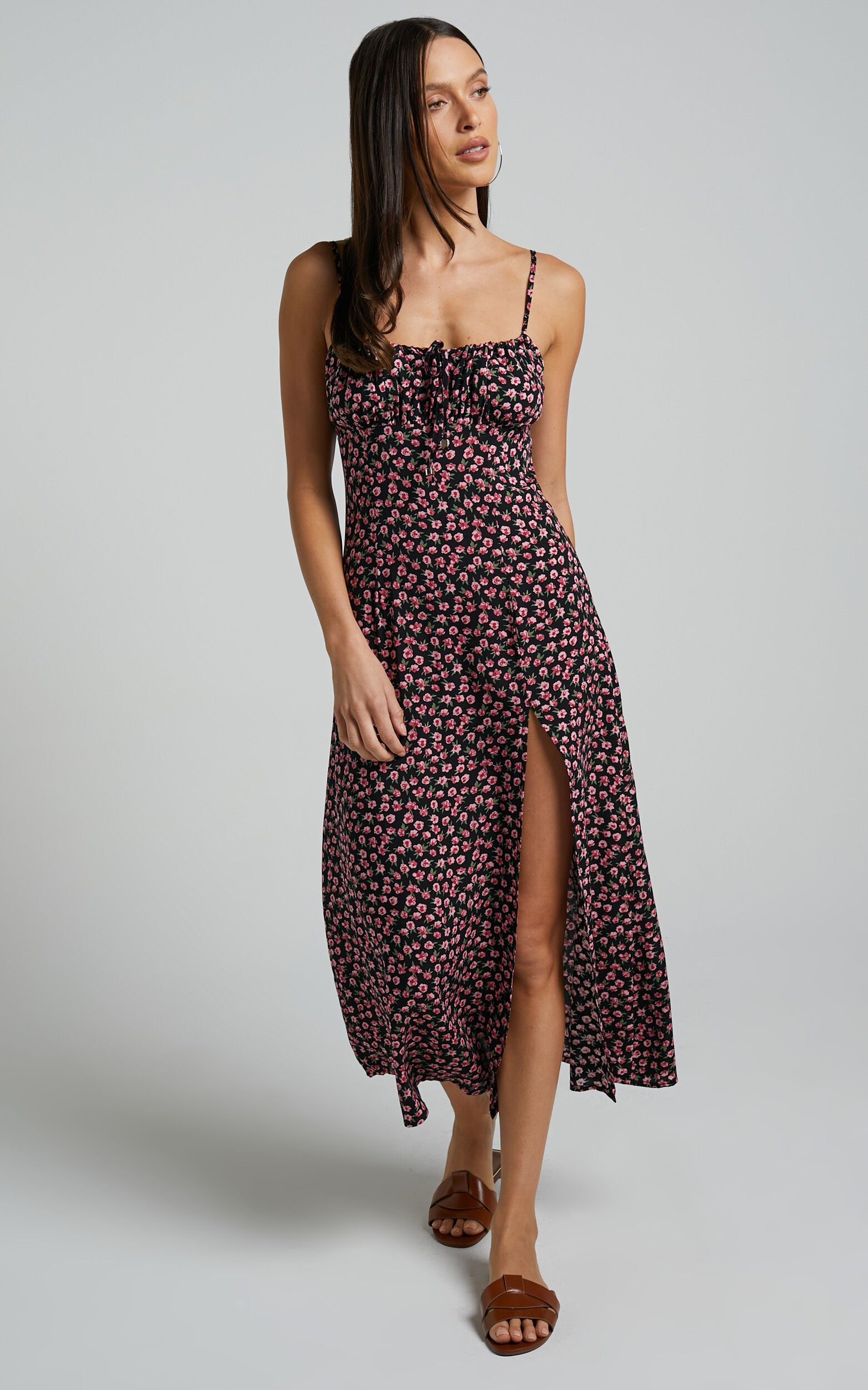 Willa Midi Dress - Ruched Bust Thigh Split Dress in Black Floral