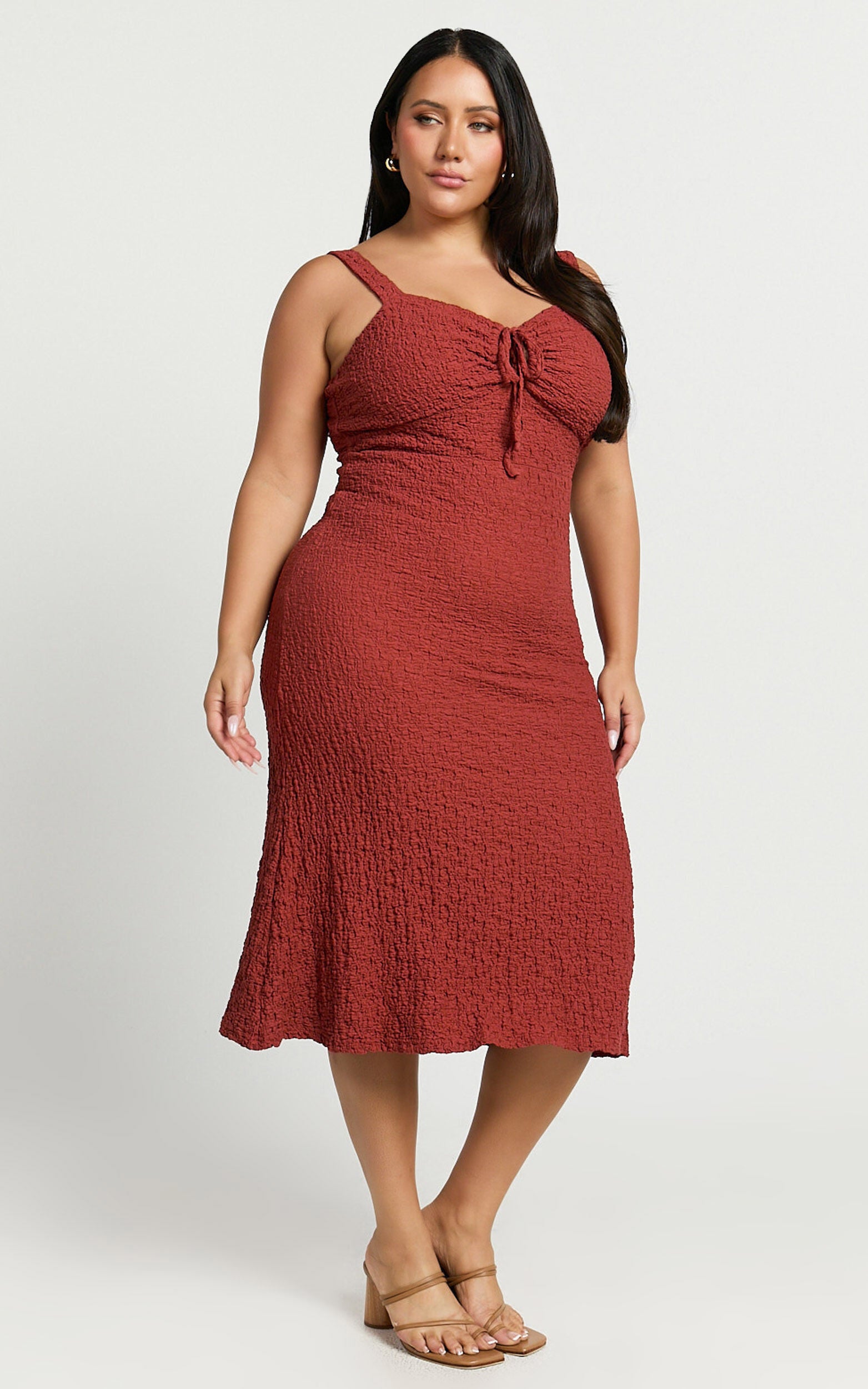 Olsen Midi Dress - Textured Wide Strap Tie Front Dress in Burnt Rust