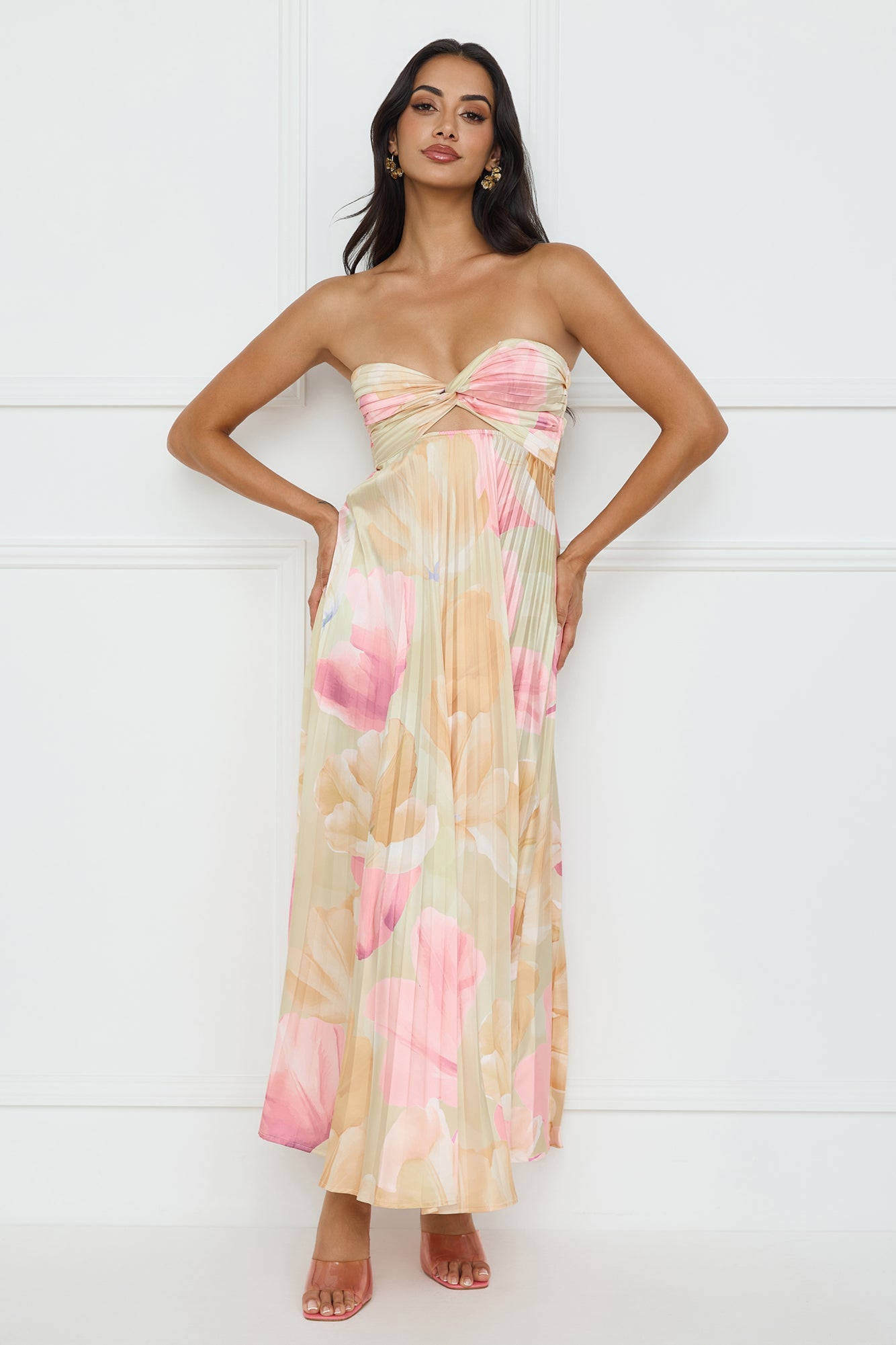 Sea Goddess Strapless Satin Maxi Dress Print