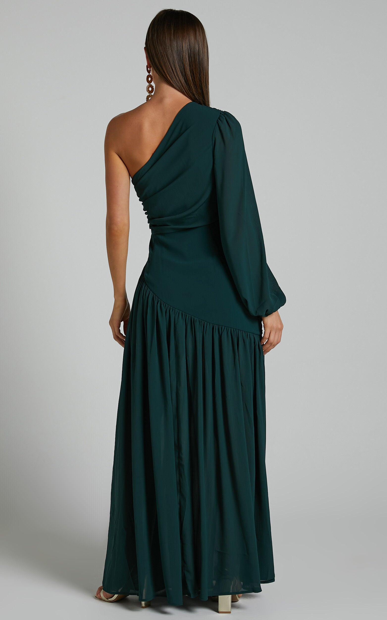 Grittah Midi Dress - One Shoulder Bishop Sleeve High Split Ruched Dress in Emerald