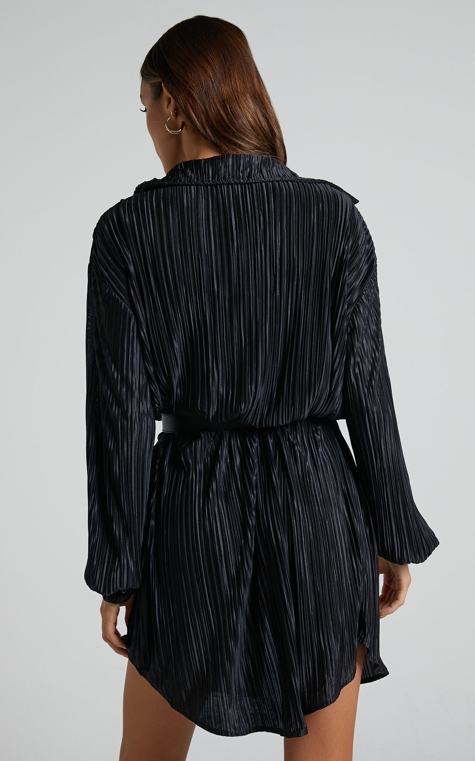 Beca Mini Dress - Crinkle Button Up Shirt Dress in Black