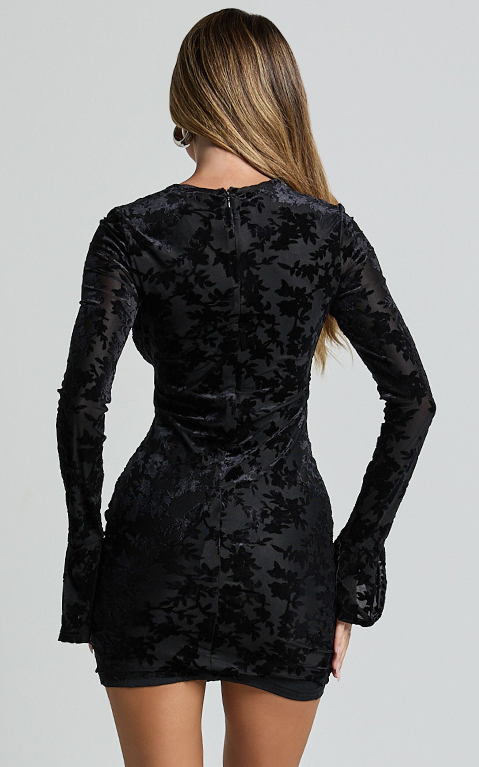 Paula Mini Dress - Burnout Flounce Sleeve Bodycon Dress in Black