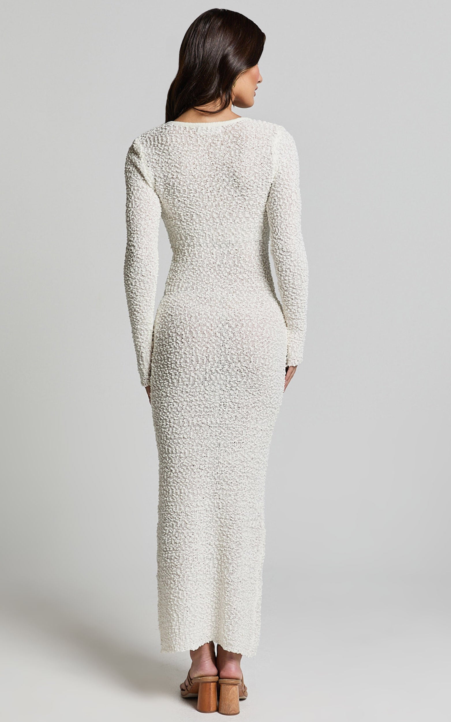 Freya Midi Dress - Scoop Neck Long Sleeve Boucle Knit Dress in Off White