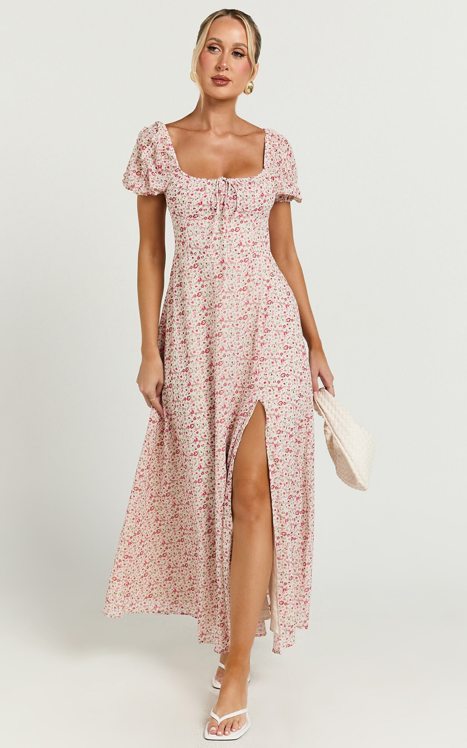Rhylene Midi Dress - Puff Sleeve Tie Front Detail Midi Dress in Rosy Floral