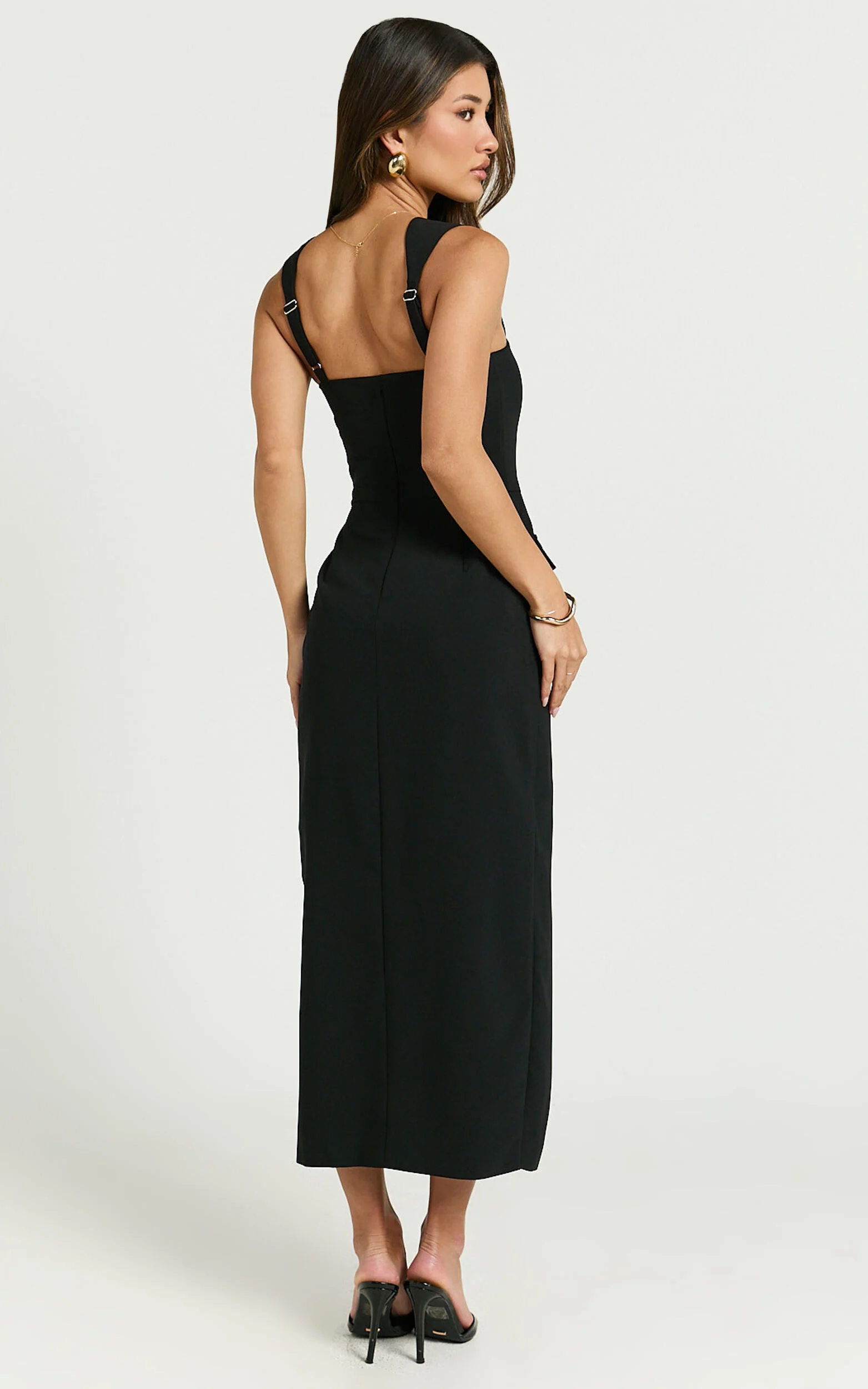 Garcia Midi Dress - Square Neck Wide Straps Fitted Wrap Skirt Dress in Black