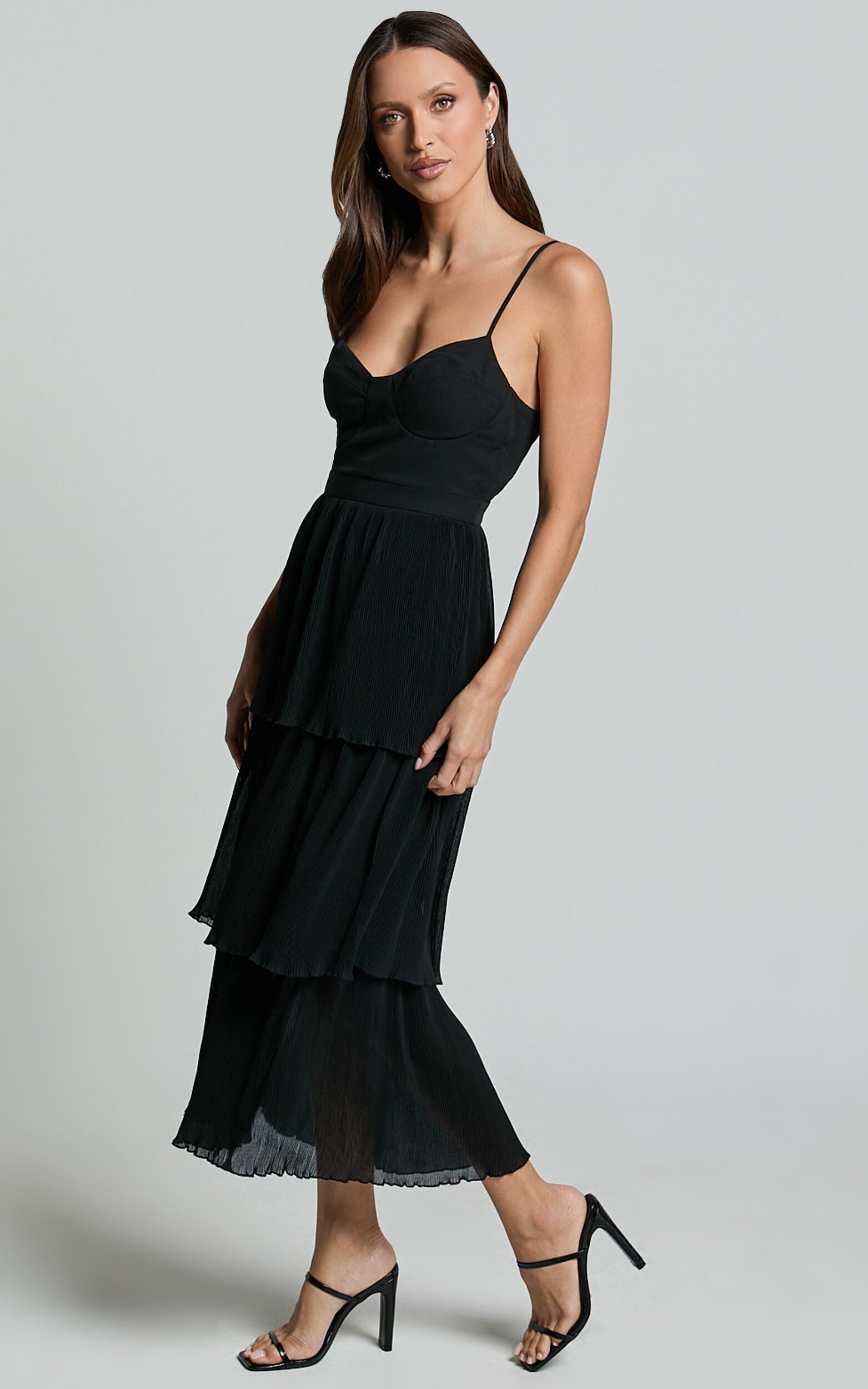 Nina Midi Dress - Bustier Frill Detail Dress in Black