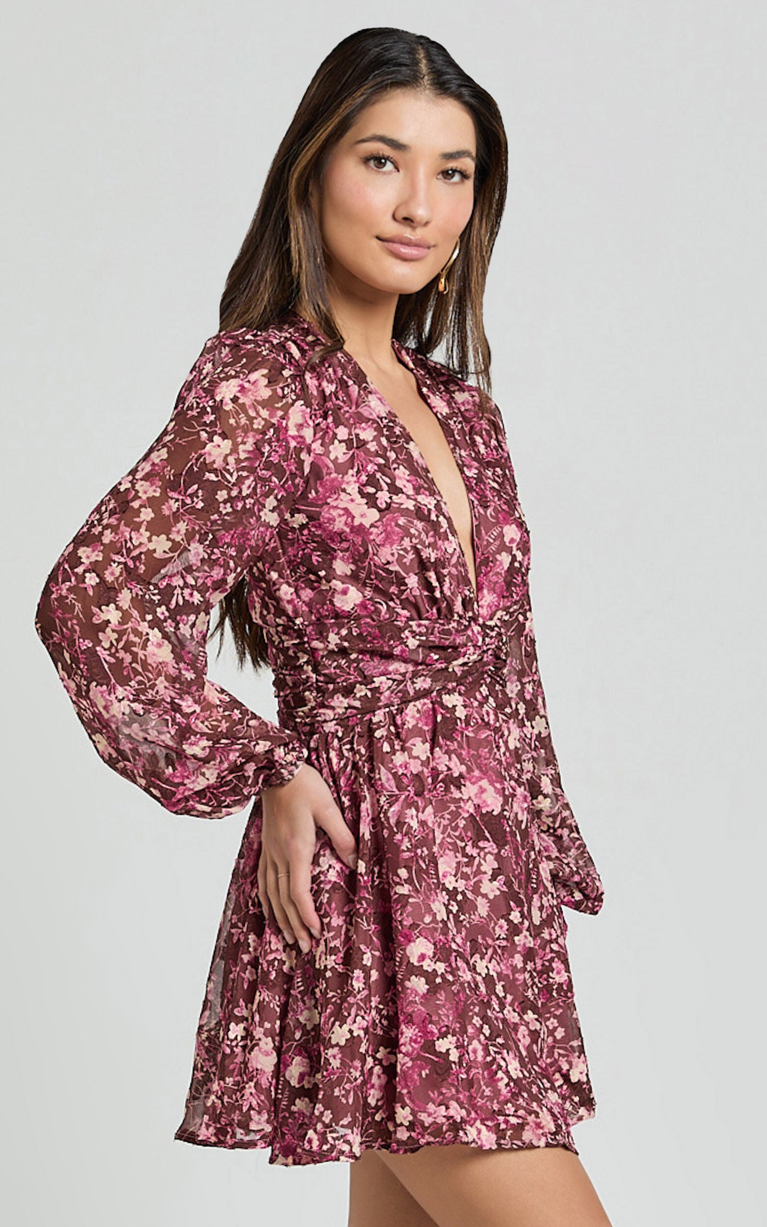 Eleanor Mini Dress - Plunge Twist Front Jacquard Dress in Wine Floral