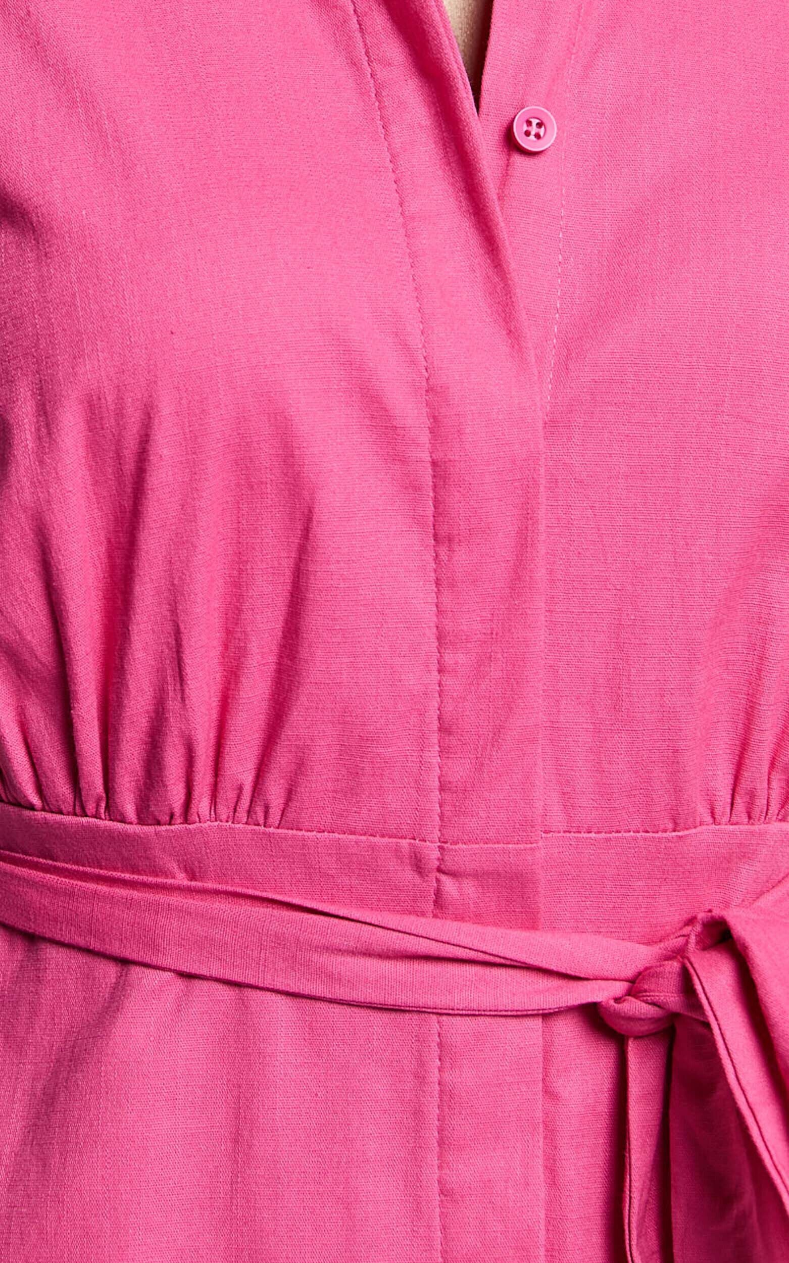 Jesse Midi Dress - Puff Sleeve Collared Shirt Dress in Hot Pink