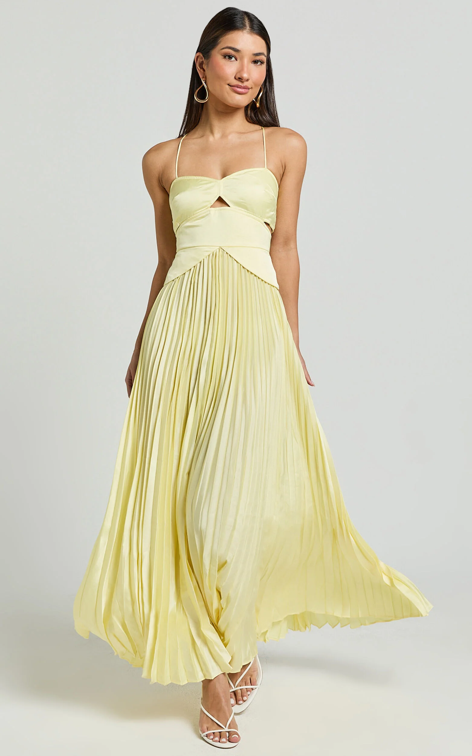 Shay Maxi Dress - Sweetheart Cut Out Pleated Dress in Lemon