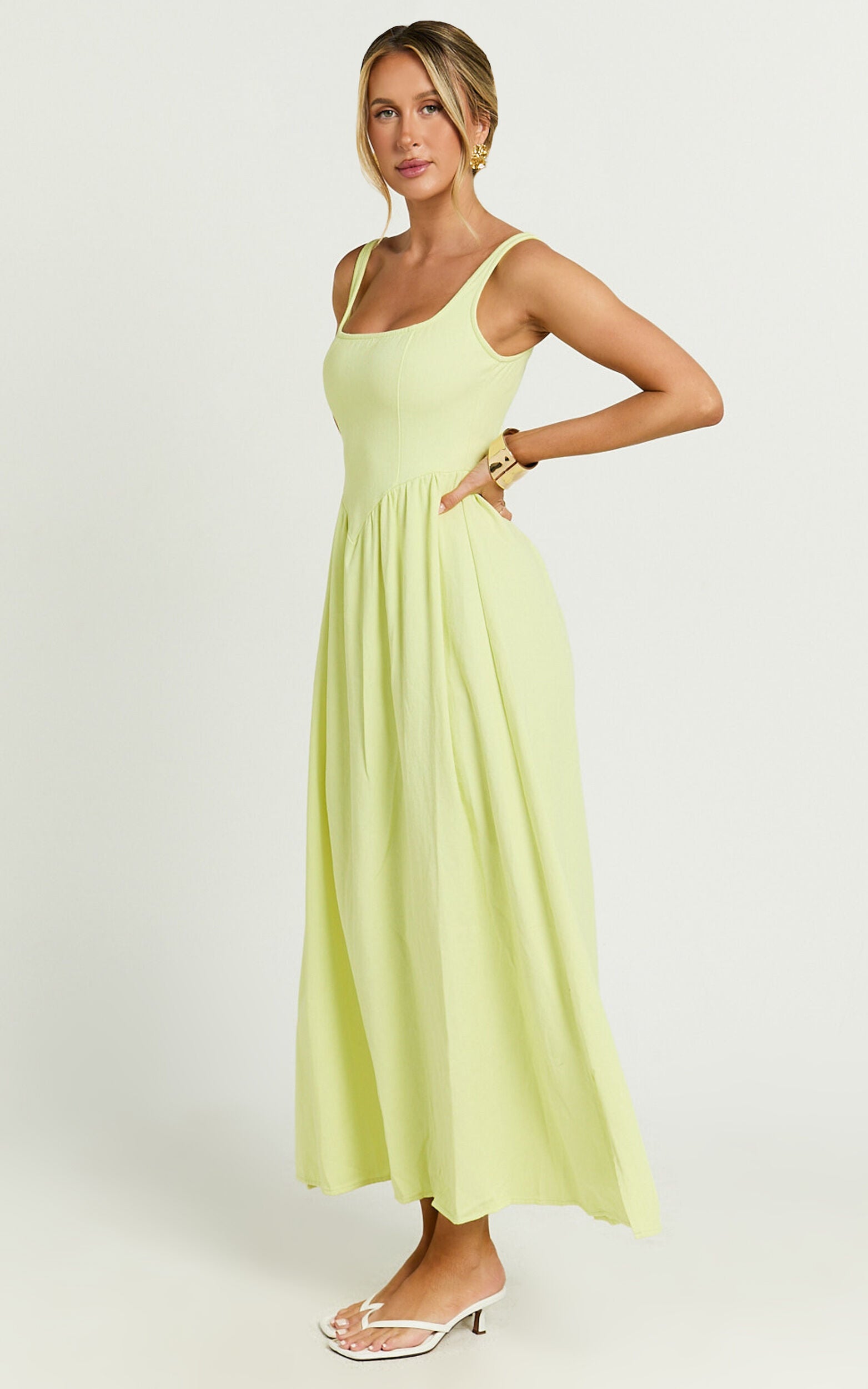 Rhaziya Midi Dress - Sleeveless Straight Neck Fit and Flare Dress in Citrus