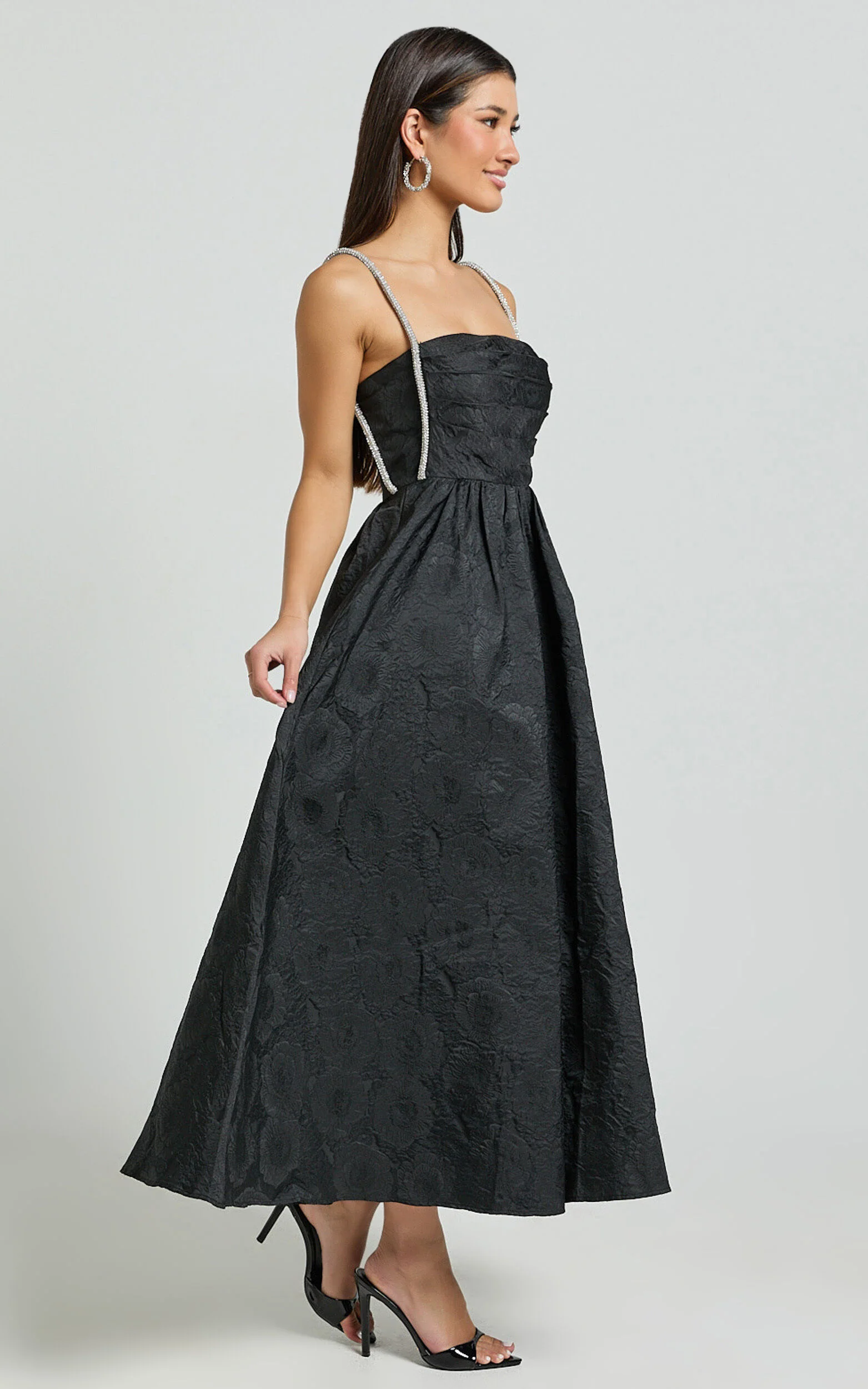 Alvia Midi Dress - Diamante Strap Ruched Straight Neck Dress in Black