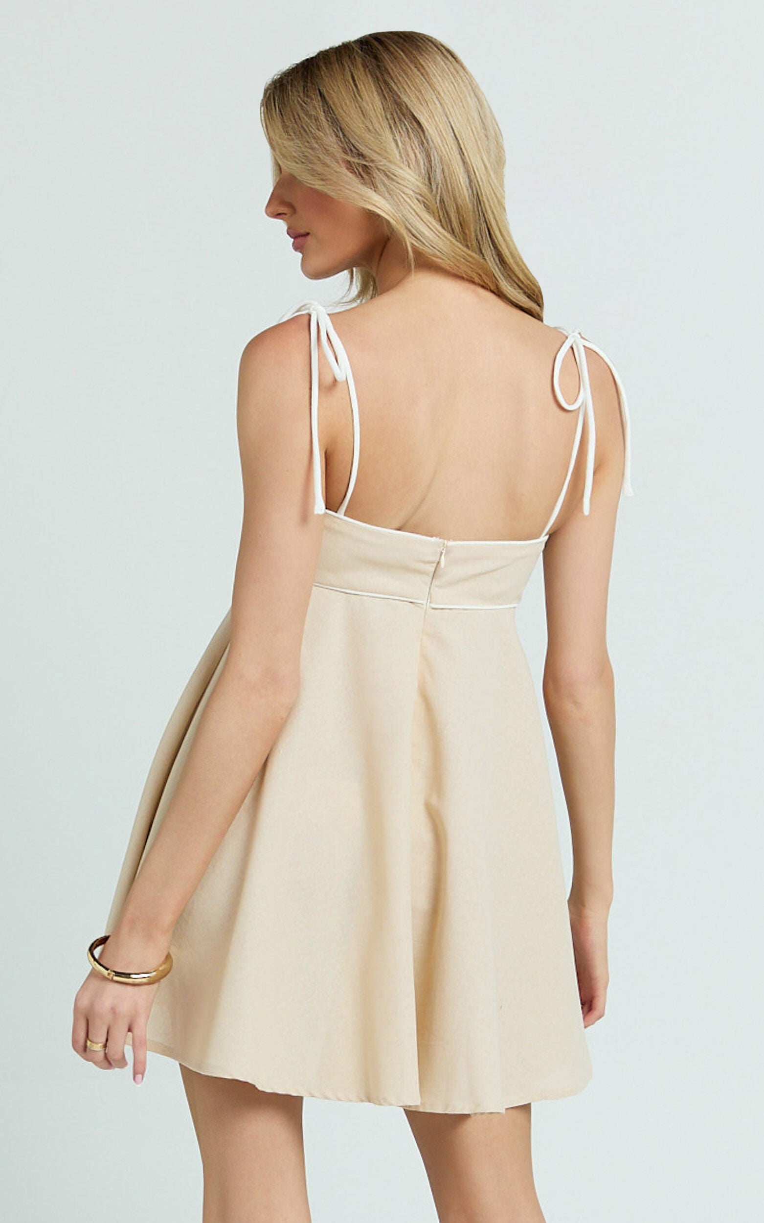 Jazmin Mini Linen Dress - Tie Shoulder Fit And Flare Dress in Oatmeal