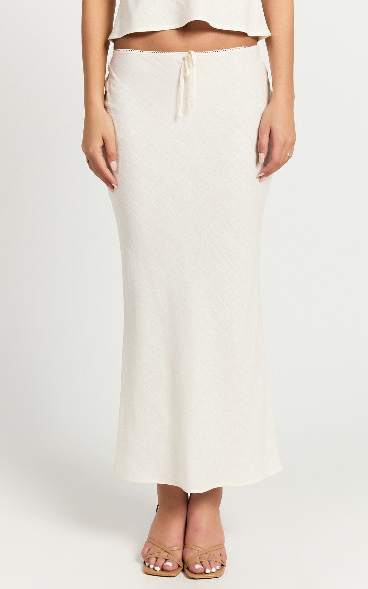 Polly Midi Skirt - Linen Low Waisted Front Bow Slip Skirt in Stone