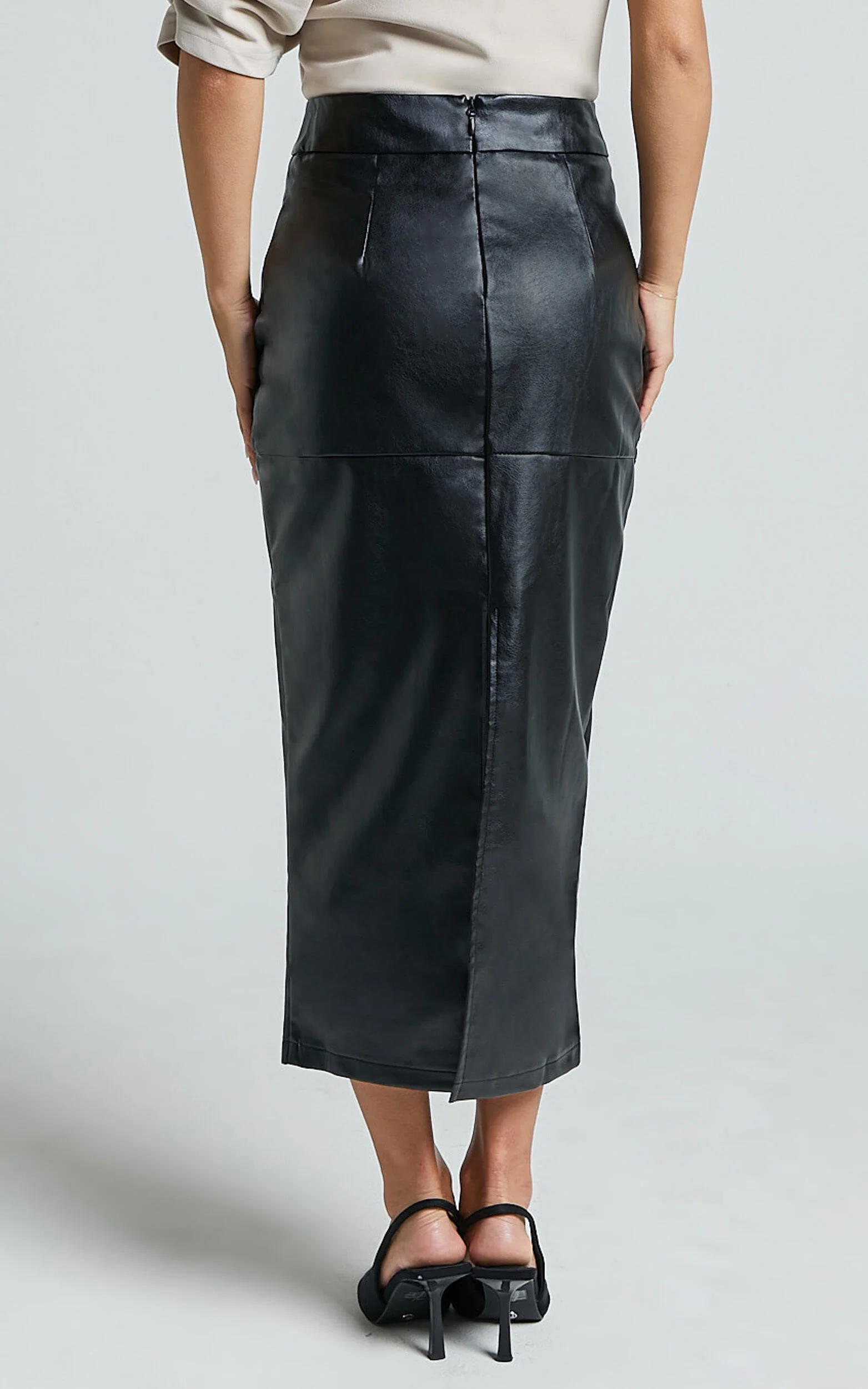Emma Midi Skirt - High Waisted Faux Leather Skirt in Black