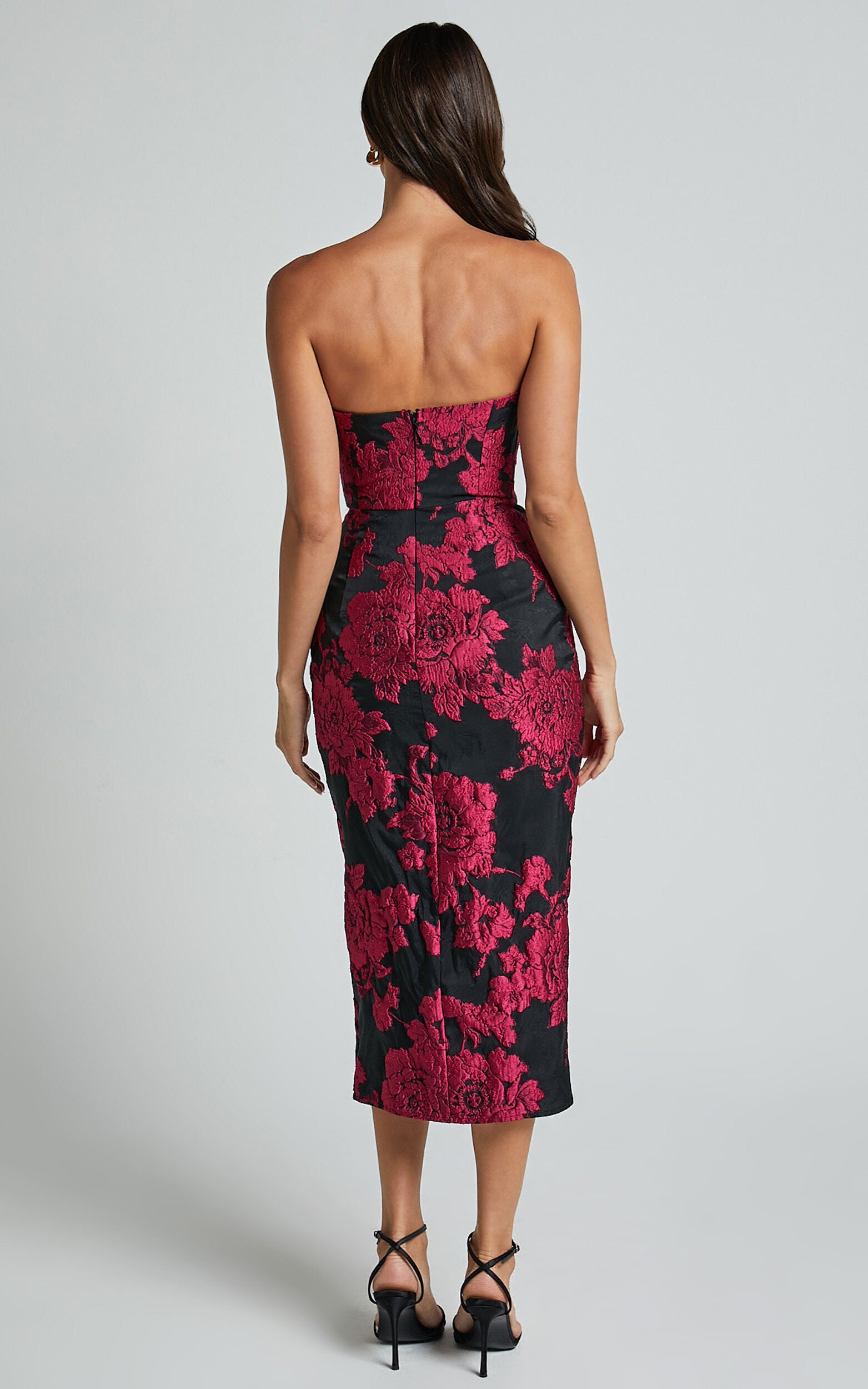 Brailey Midi Dress - Thigh Split Strapless Dress in BLACK/PINK