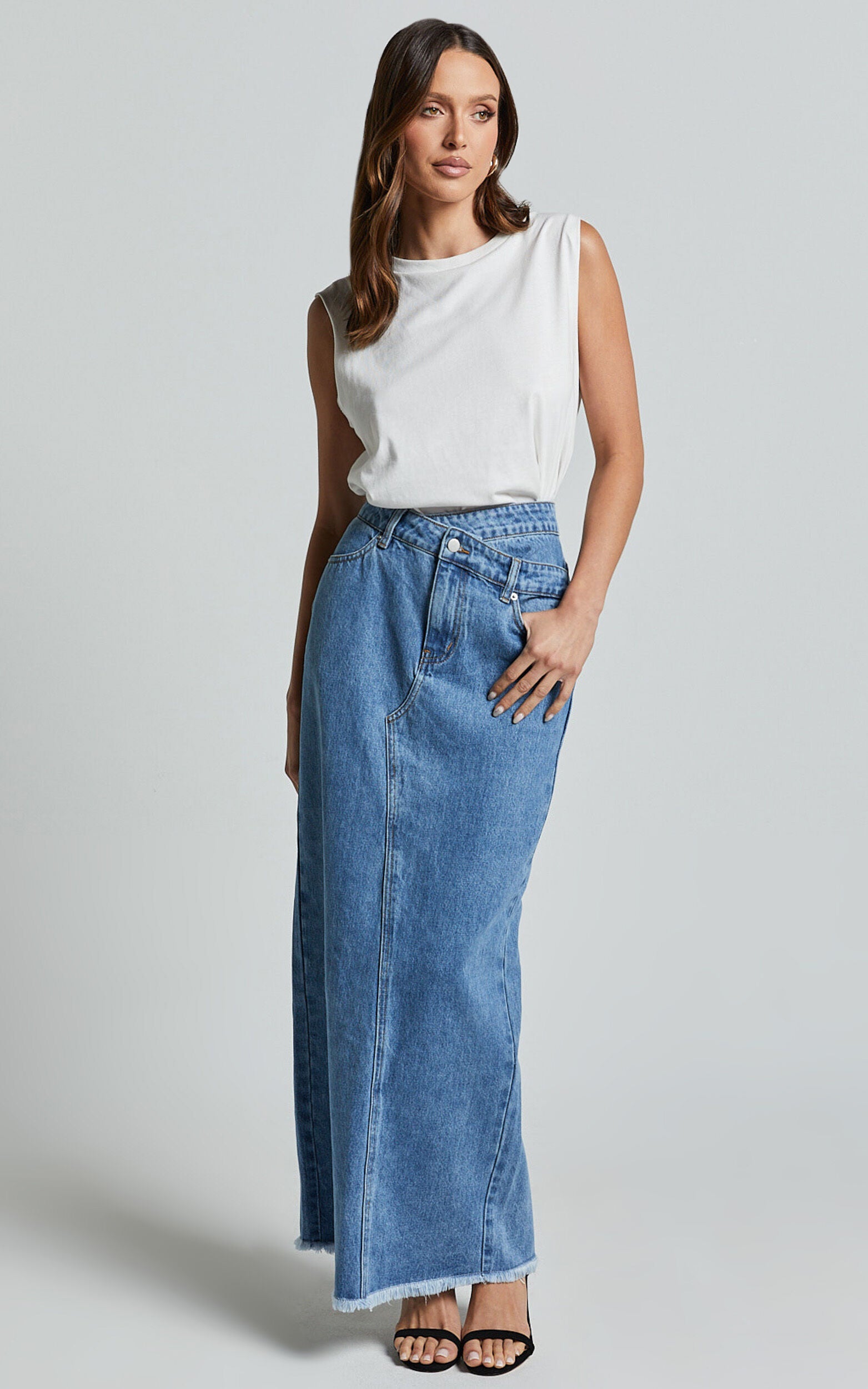 Evelyn Maxi Skirt - High Asymmetrical Waist Frayed Hem Denim Skirt in Mid Blue Wash