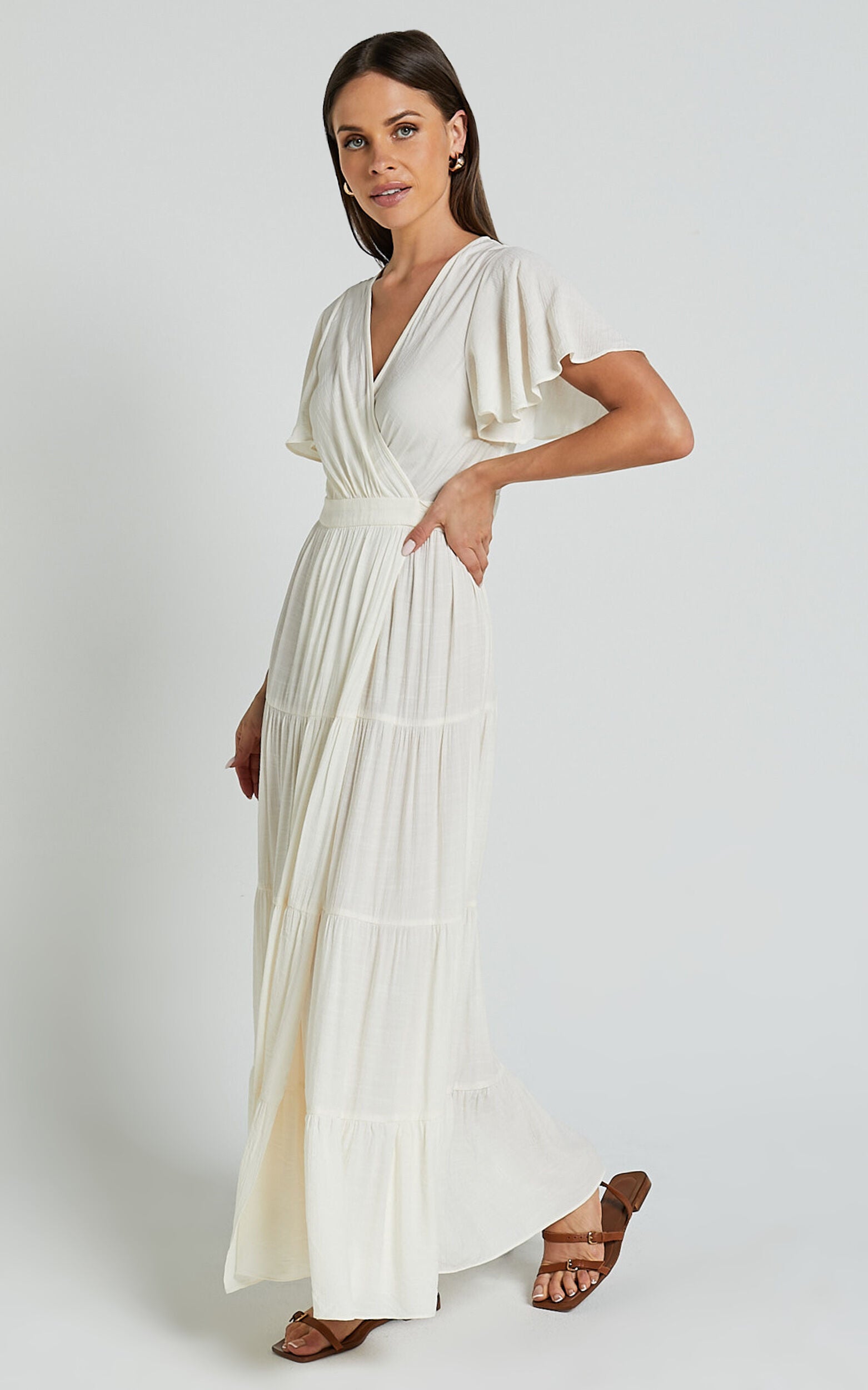 Geneva Midi Dress - Short Flutter Sleeve Wrap Dress in Off White