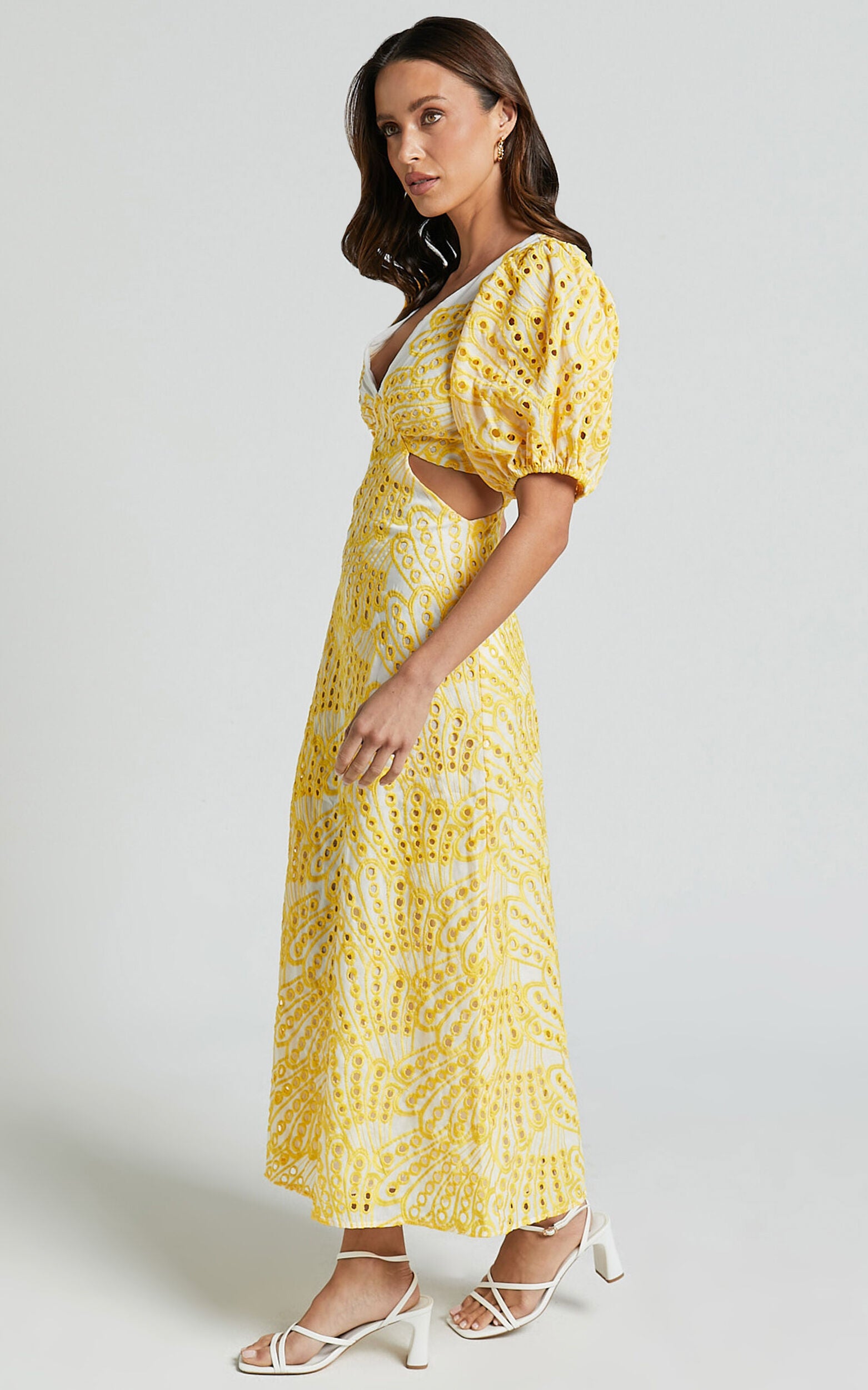 Imogen Midi Dress - Plunge Neck Puff Sleeve Side Cut Out Dress in White and Yellow