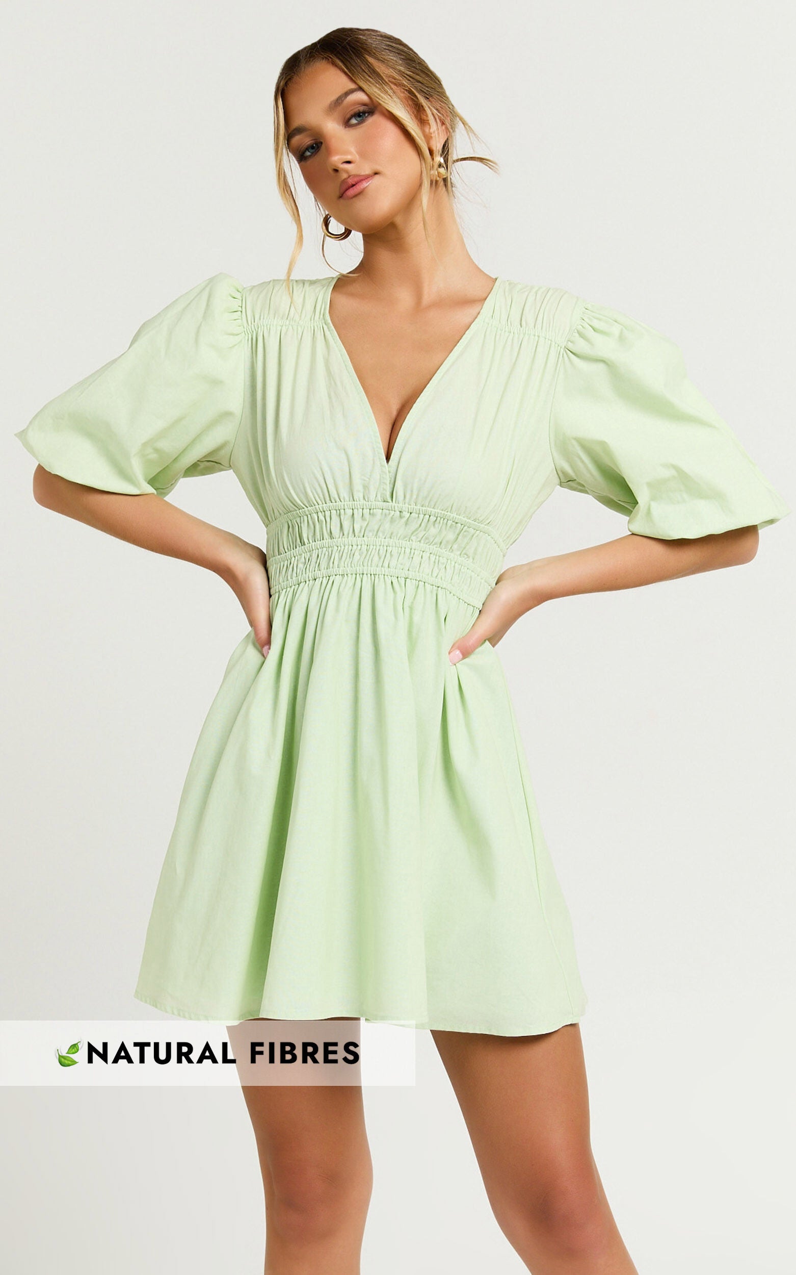Francesca V Neck Puff Sleeves Mini Dress in Green