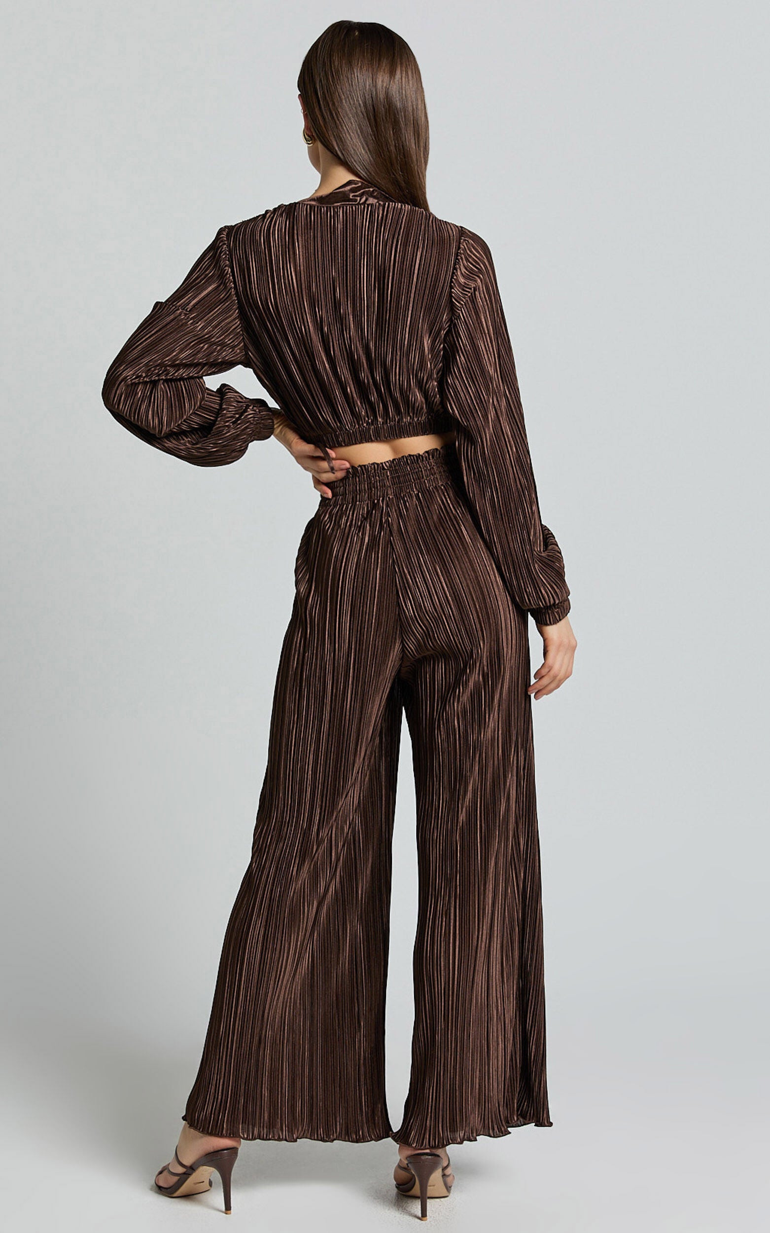 Kallie Pants - High Waist Drawstring Plisse Pants in Chocolate