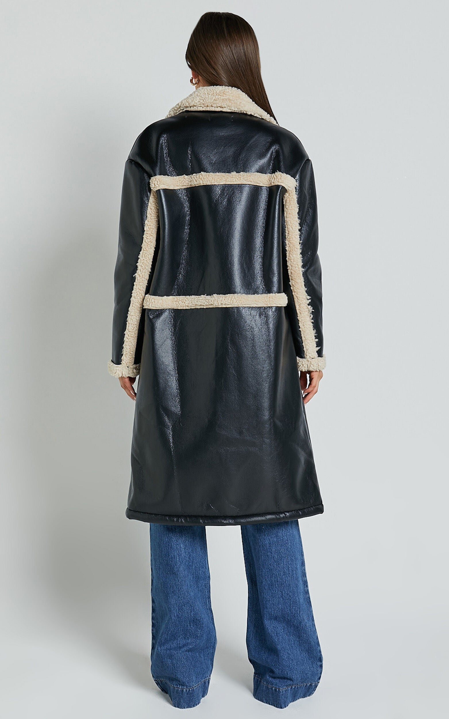 Jan Coat - Longline Faux Shearling Aviator Coat in Black