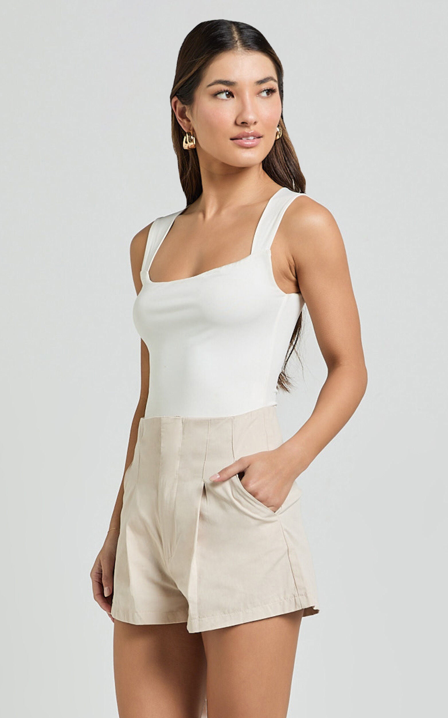 Elyssa Shorts - Pleat Detail Shorts in Beige